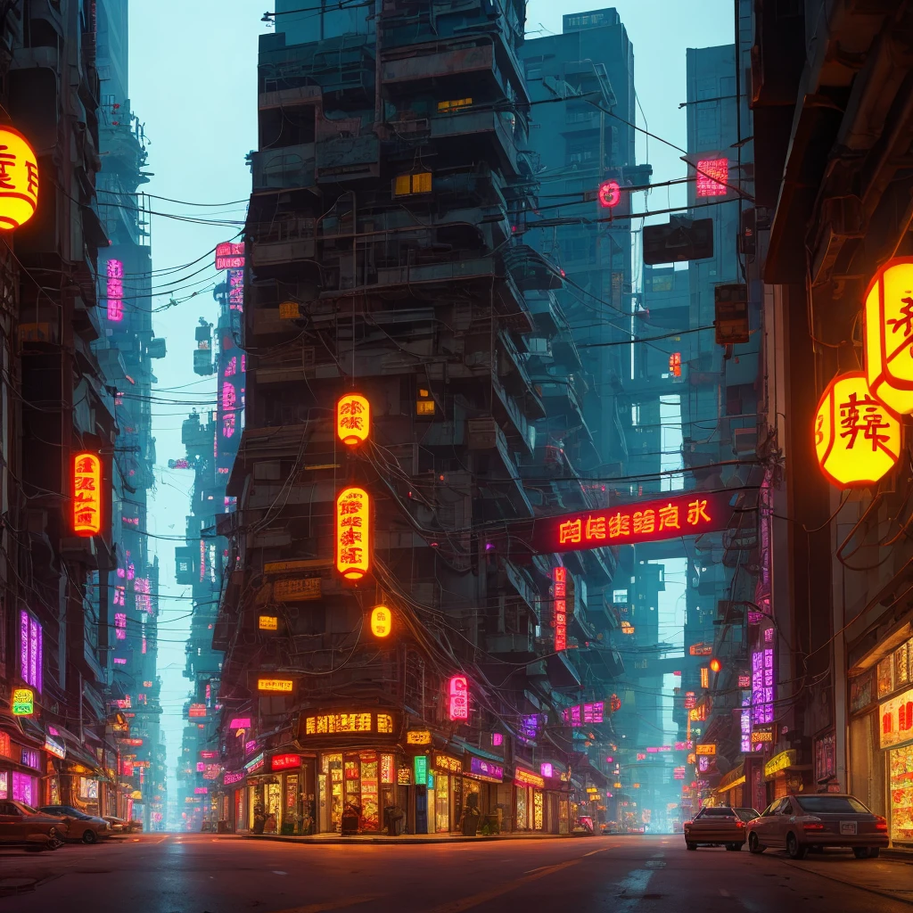 Cyberpunk city from sci-fi movie, wasteland, empty street, night, chinoiserie architecture, bridge, old shop, irregular, circuit board, wires, intricate, ultra detailed, realistic, hyper realistic, high quality, best , Super Detail, Crazy Detail, Very Detailed, Photorealistic, Epic Composition, Best Quality