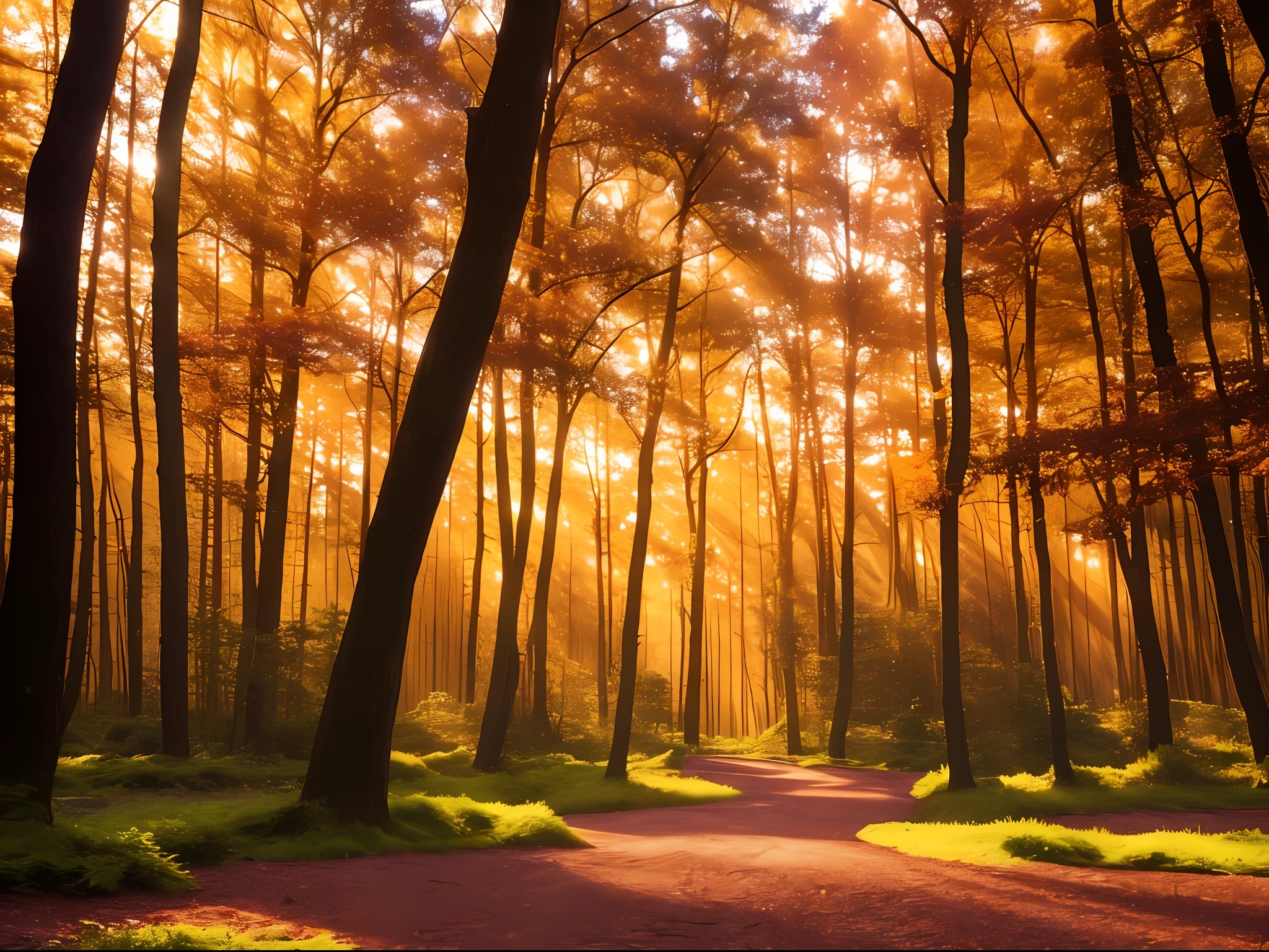 masterpiece_portrait,best quality,photorealistic,ultra high res,detailed lighting,realistic,intricate_details, finely_detailed,8K Ultra High Definition,wide shot,Twilight Majesty: A forest at dusk with a vibrant sky painted in hues of orange, pink, and purple. The silhouettes of the trees stand in stark contrast against the colorful backdrop, creating a majestic scene.,Sun-Kissed Serenity: A forest clearing bathed in warm sunlight, with golden rays piercing through the trees. The soft glow adds a touch of warmth and serenity to the scene.,