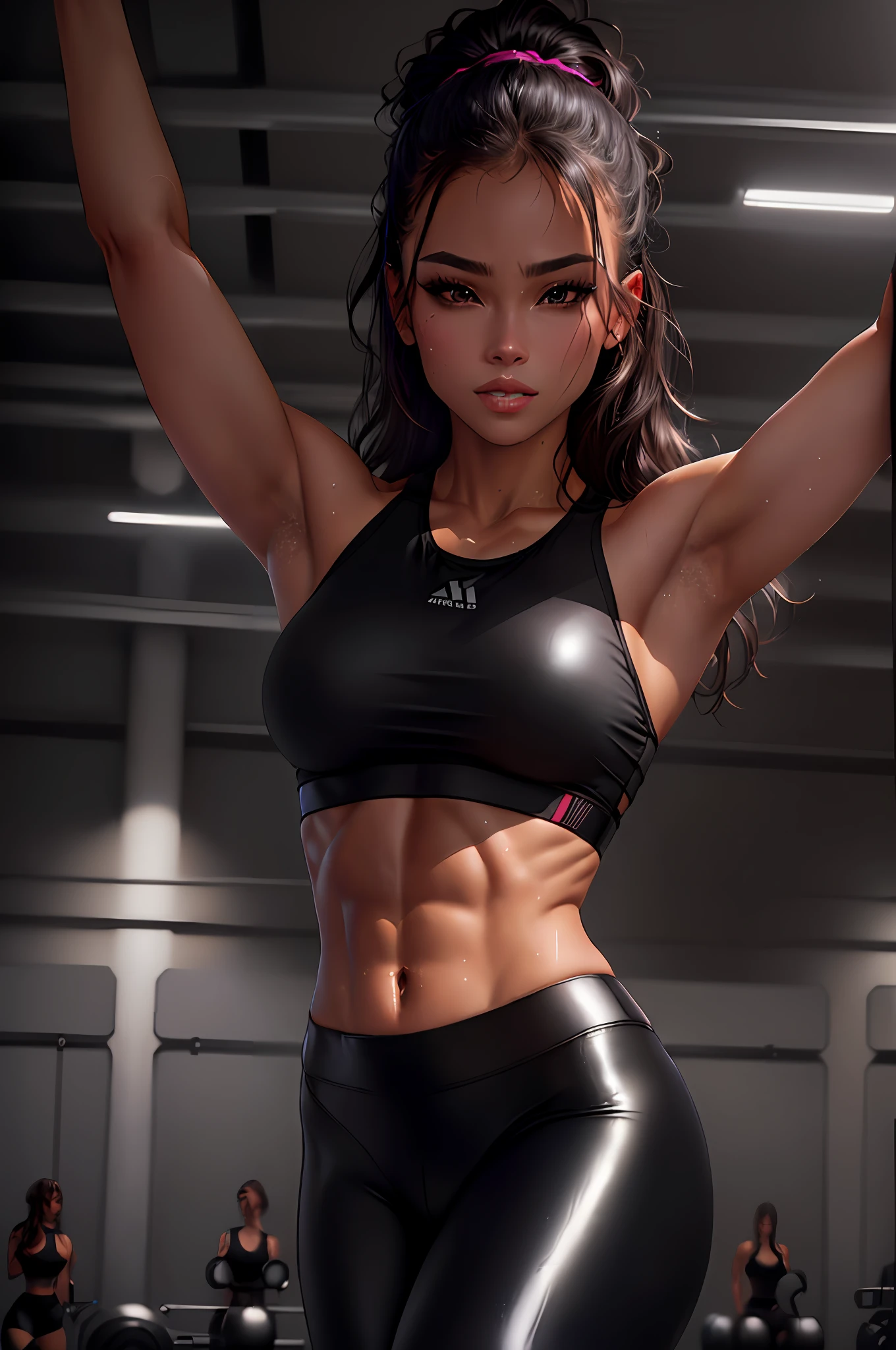 Woman in a black sports bra top and shiny leggings, fit girl, fitness model, sweaty abs, sports physique, with sit-ups, cut shirt and strong abs, perfect body, strong pose, photorealistic perfect body, toned body, sensual body with sexy belly, working out, attractive body, sexy body, strong body, glowing wlop skin, well toned, best quality, 4k, anime style, ecchi, sensual, sfw,