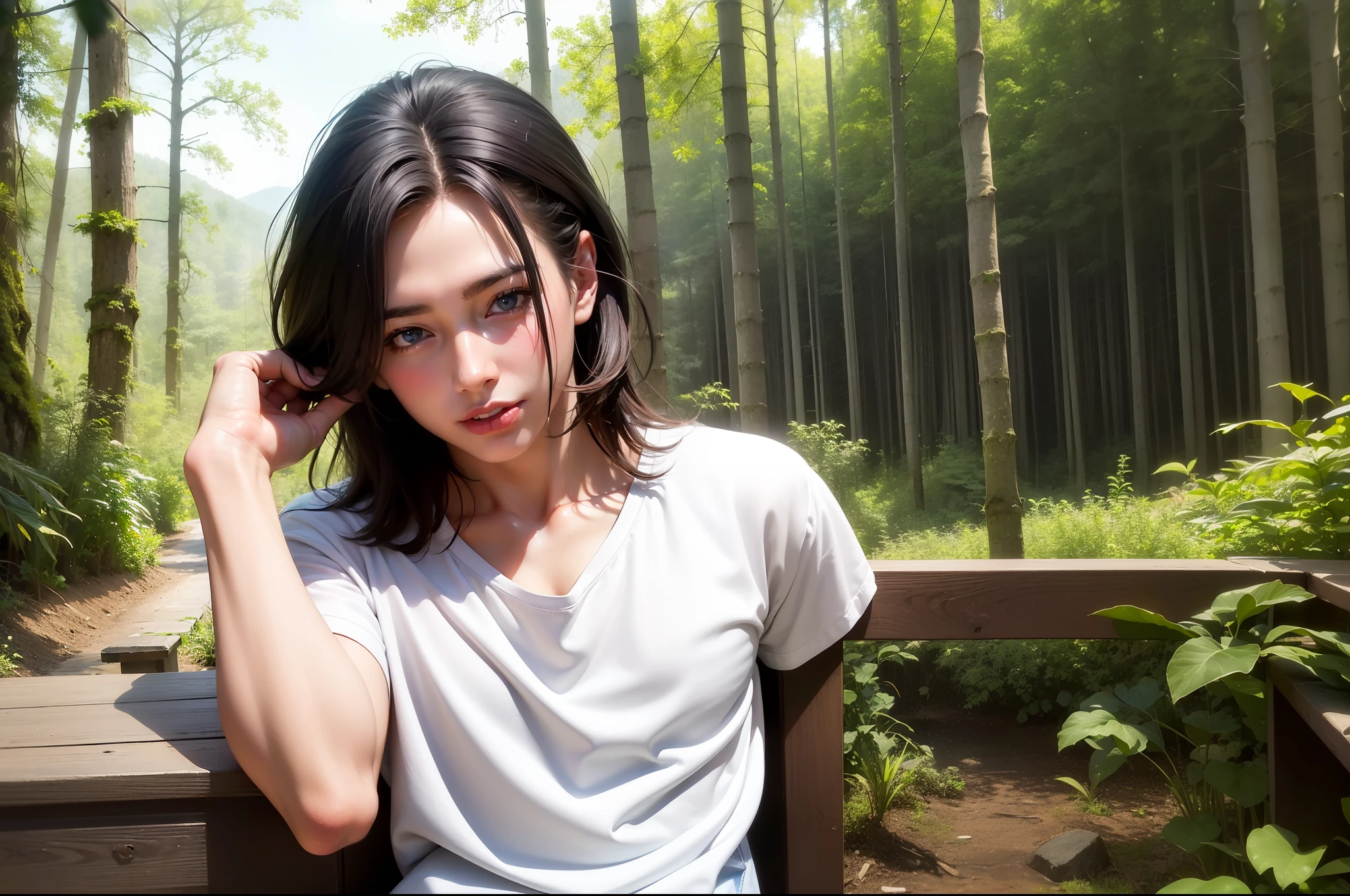 (((1boy))), ((man)), brunette, blue eyes, (tongue out smile), (model appearance), dimples on cheeks, looking at camera, pumped up, (white raw T-shirt), (white raw shorts), ((studio lighting)), man sitting on bar stool in forest glade, (rain), (forest glade in background), fir forest, summer, uncensored, 8k uhd, (hyper realistic), (photo realistic), (masterpiece), (best quality), official art, beautiful and aesthetic:1.2), best quality, realistic, hyper-detailed, detailed face, detailed hair, detailed hand, detailed legs, detailed fingers, detailed skin