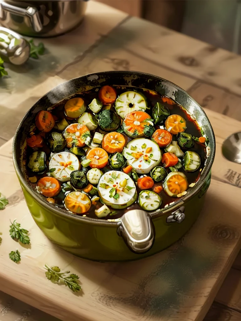 (detailed description) (Best quality) vegetable soup pot next to gym dumbbells, on a kitchen table, green background