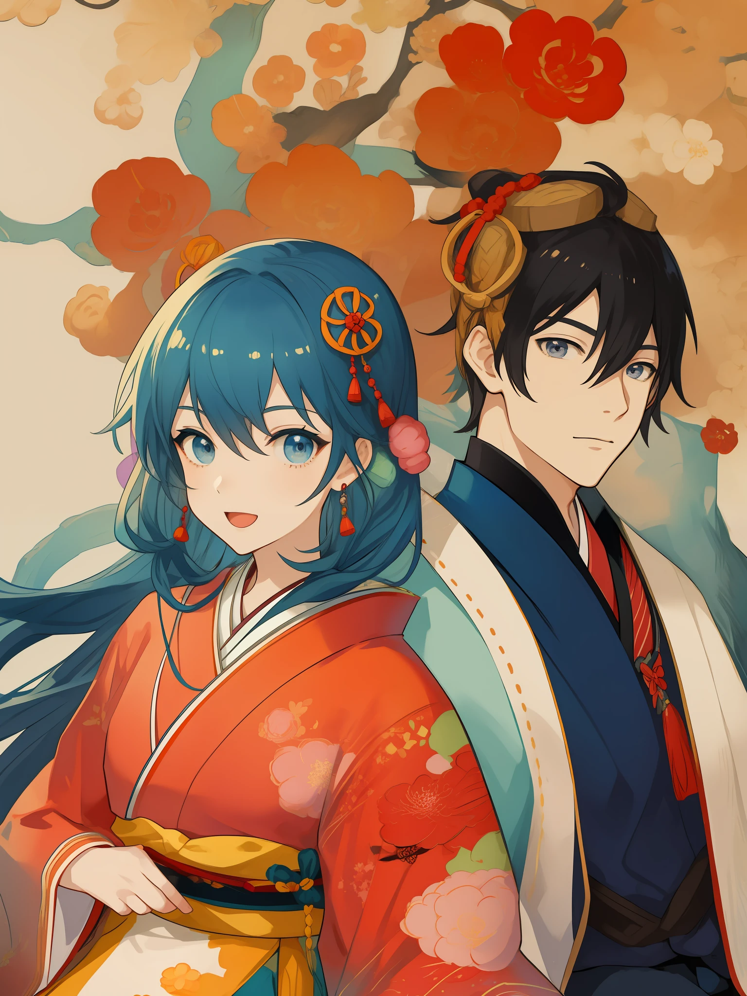 Manga of a man and a woman sitting together, colorful, super detailed, Japanese artist style,