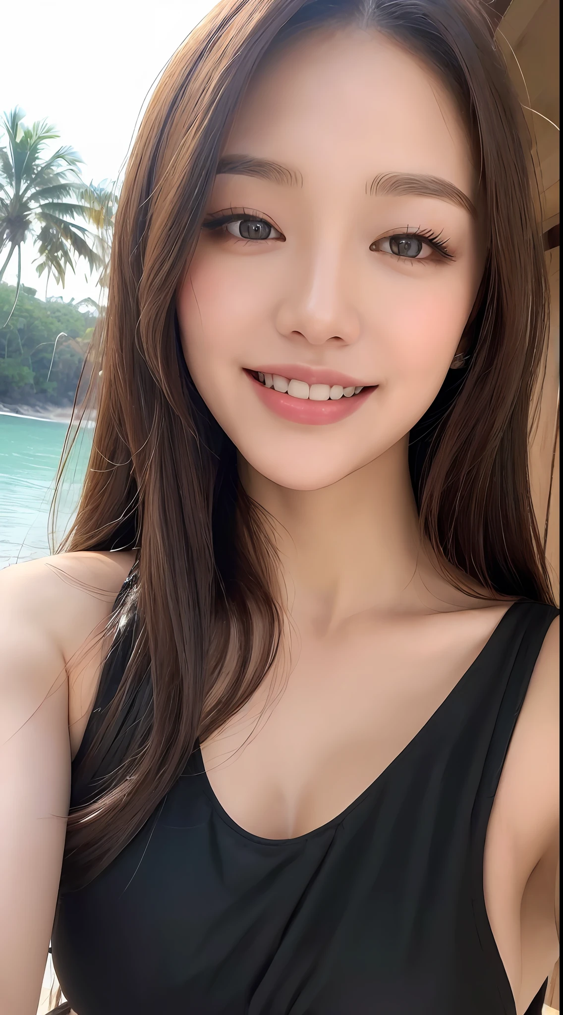 ((Best quality, 8k, Masterpiece :1.3)), 1girl, taking selfie, closeup, smiling, slim face, Pretty woman, (Dark brown hair), full length dress :1.1, Ultra-detailed face, Detailed eyes, Double eyelid,  blur background, slim face, beach, bikini, water, nswf