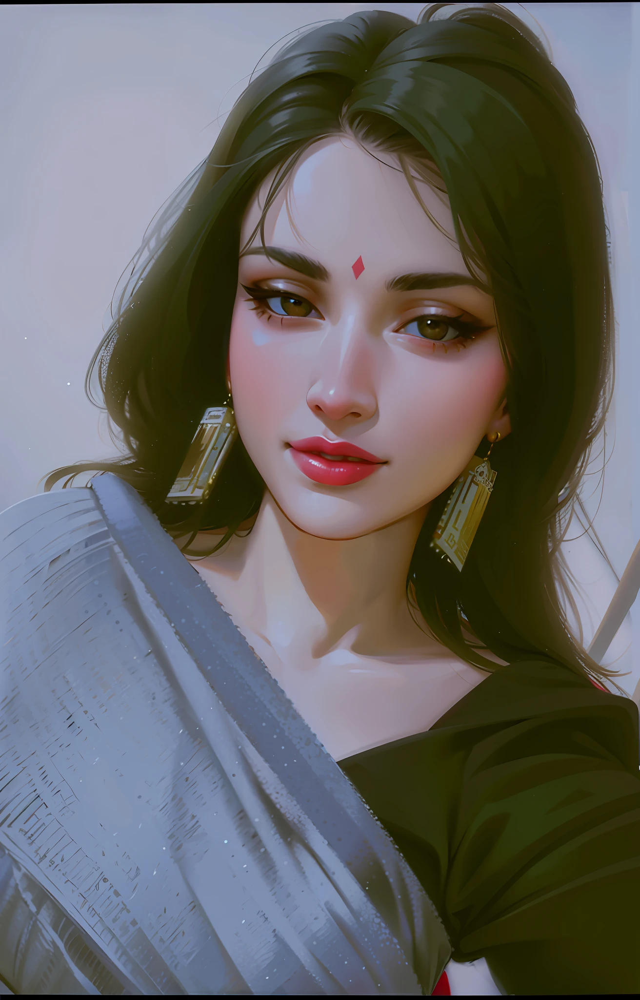 (masterpiece),(best quality:1.0), (ultra highres:1.0), detailed illustration, 8k, anime, 1girl, beautiful anime girl, in a sari, wearing a grey sari, pretty face, detailed face, beautiful eyes, detailed eyes, red lips, red lipstick, smiling, beautiful hair, highlights in hair, pretty earrings, detailed, anime style, best quality
