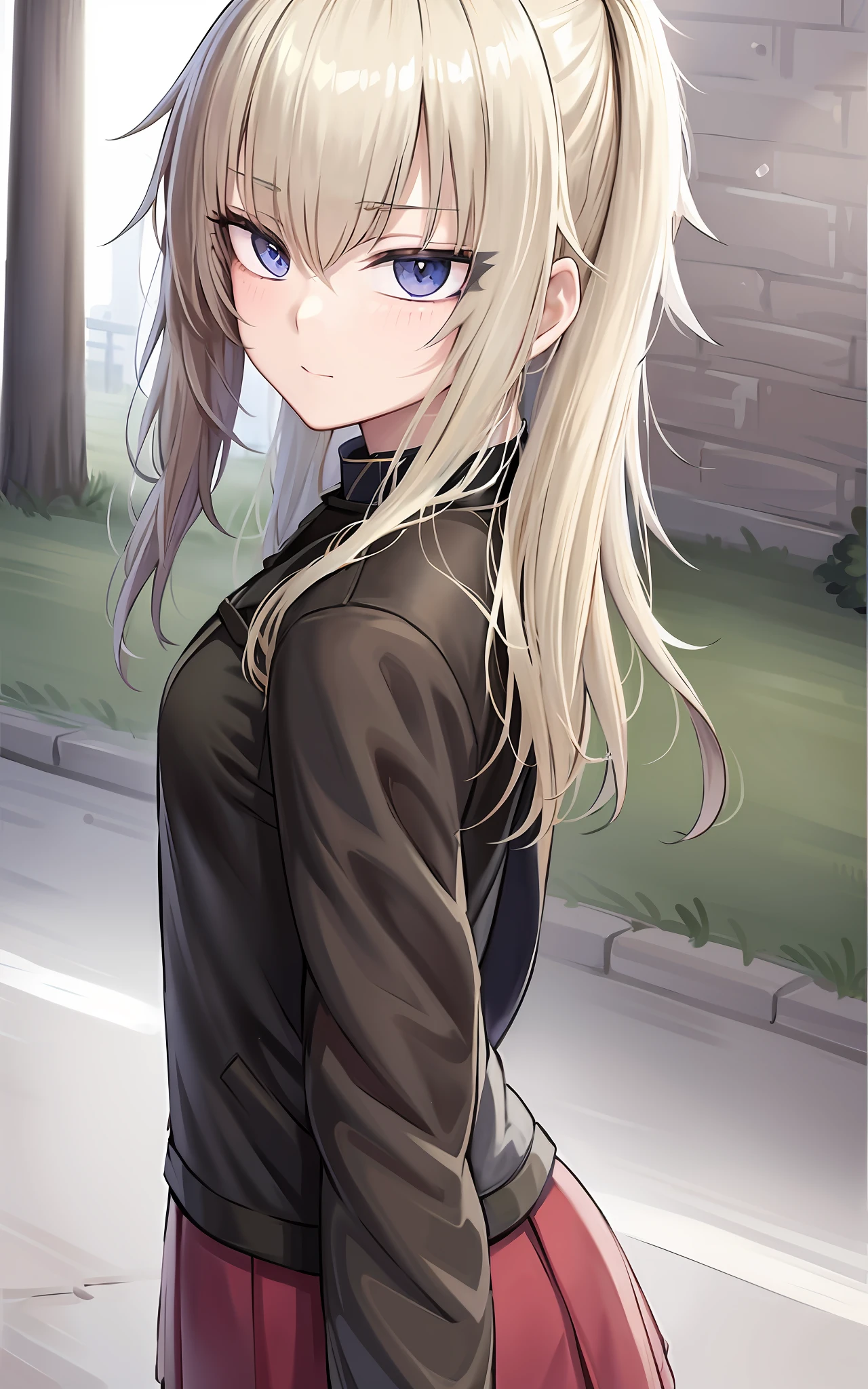 anime, a girl with long blonde hair and blue eyes stands in front of a brick wall, blonde anime girl with long hair, anime visual of a cute girl, from girls frontline, fine details. girls frontline, girls frontline style, anime girl with long hair, female anime character, an anime girl, beautiful anime high school girl, young anime girl
