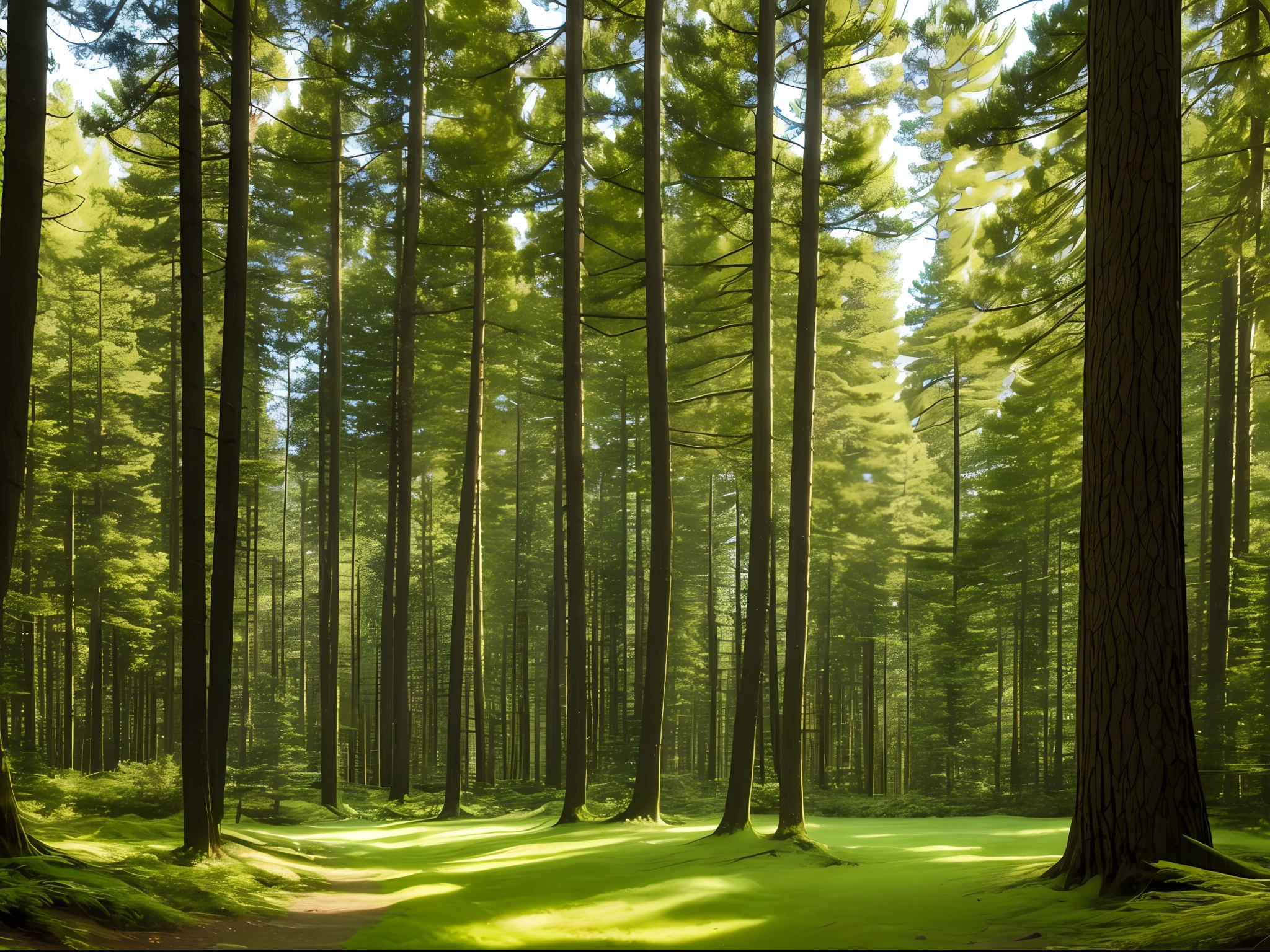 masterpiece_portrait,(best quality:1.4)),photorealistic,(ultra high res),(detailed lighting:1.2),(cinematic lighting:1.1),realistic,intricate_details, finely_detailed,8K Ultra High Definition,wide shot,Forest with a hidden treasure chest buried beneath fallen leaves,Forest at sunset, with vibrant hues painting the sky and foliage,Whispering Pines: A forest ted by towering pine trees that sway gently in the breeze. The rhythmic rustling of the needles and the fresh scent of pine evoke a sense of tranquility.,Harmonious Retreat: A forest clearing with a wooden bench or swing, inviting viewers to rest and appreciate the tranquil beauty of nature. The scene exudes a sense of calm and harmony.,
