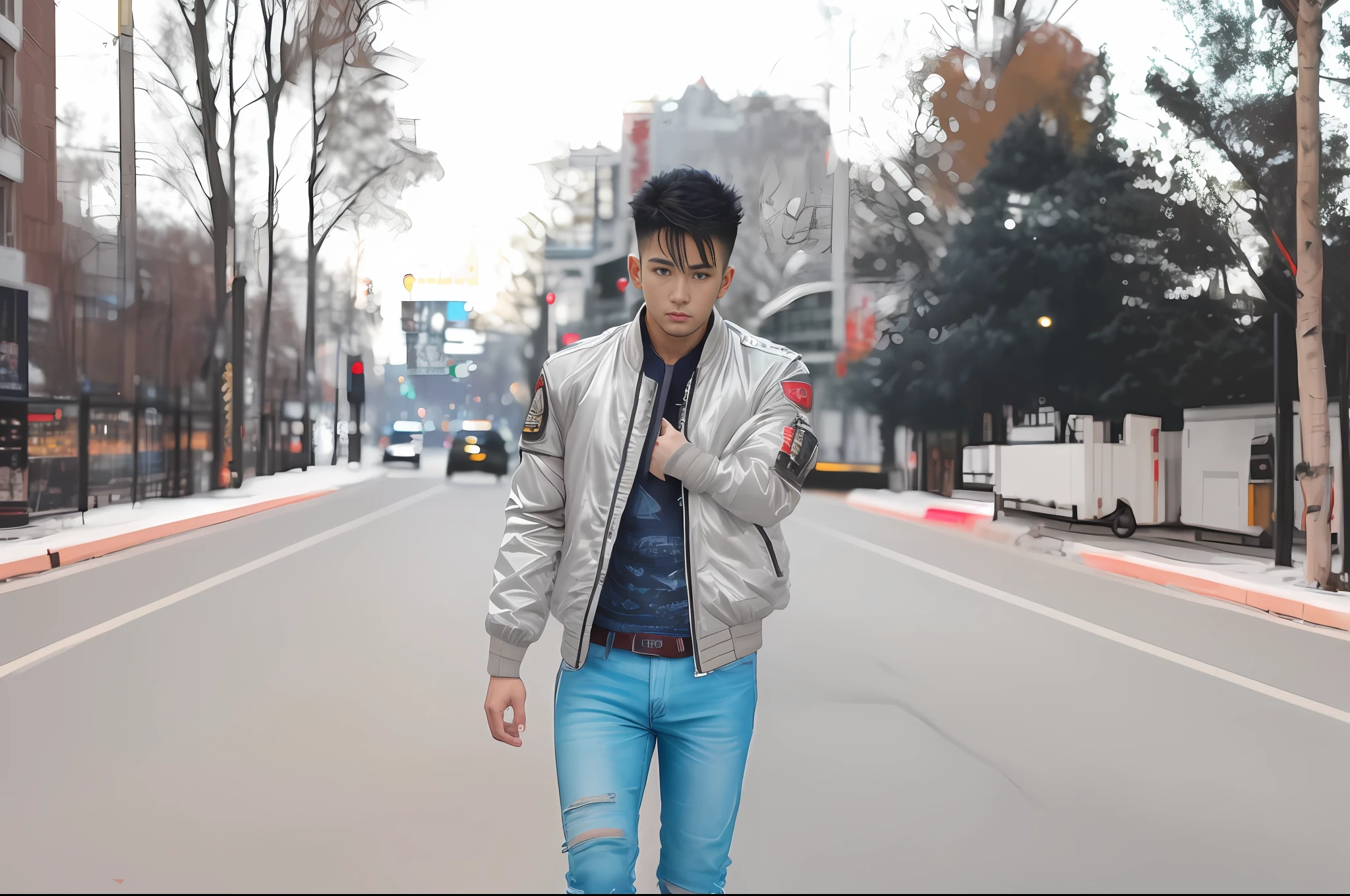 RAW photo, a portrait photo of 25 y.o man in bomber jacket, night, city street, (high detailed skin:1.2), 8k uhd, dslr, soft lighting, high quality, film grain, Fujifilm XT3