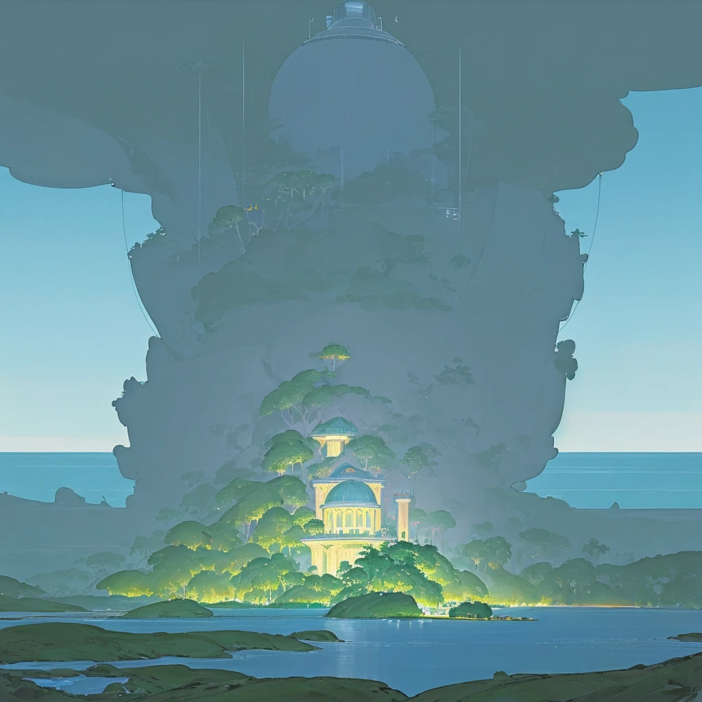 Island at the middle of the ocean with an extremely luxurious glass and pastel walled villa surrounding a huge jungle at night, American propaganda poster, Fujicolor, Ultra-Wide Angle, high quality