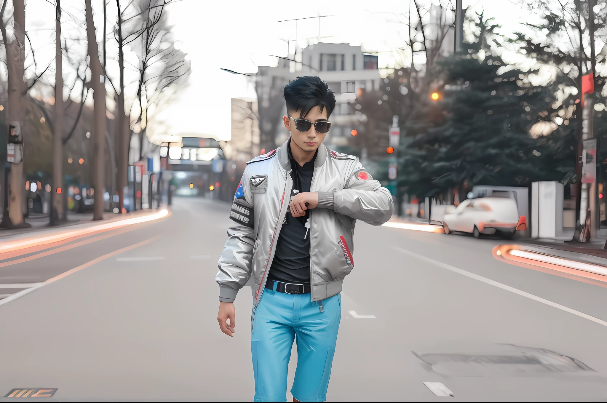 RAW photo, a portrait photo of 25 y.o man in bomber jacket, night, city street, (high detailed skin:1.2), 8k uhd, dslr, soft lighting, high quality, film grain, Fujifilm XT3