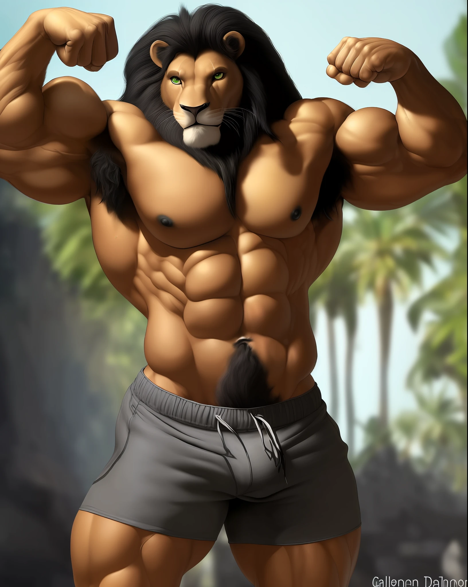anthro (lion), feline, adult, solo, very muscular, thick neck, ((sturdy shorts)), flexing, ((posing)), epic, ((biceps flexing)), topless, tail, (brown fur, black mane, detailed fur:1.3), (ragged fur:1.1), bodybuilder, fighter, contest, scene, veiny muscles, detailed background, venue background, photorealistic, hyperrealistic, ultradetailed, (masterpiece:1.2), bulge, correct fists, uncensored, (((by Galen Dhaelos))), genital outline, dark snout, green eyes