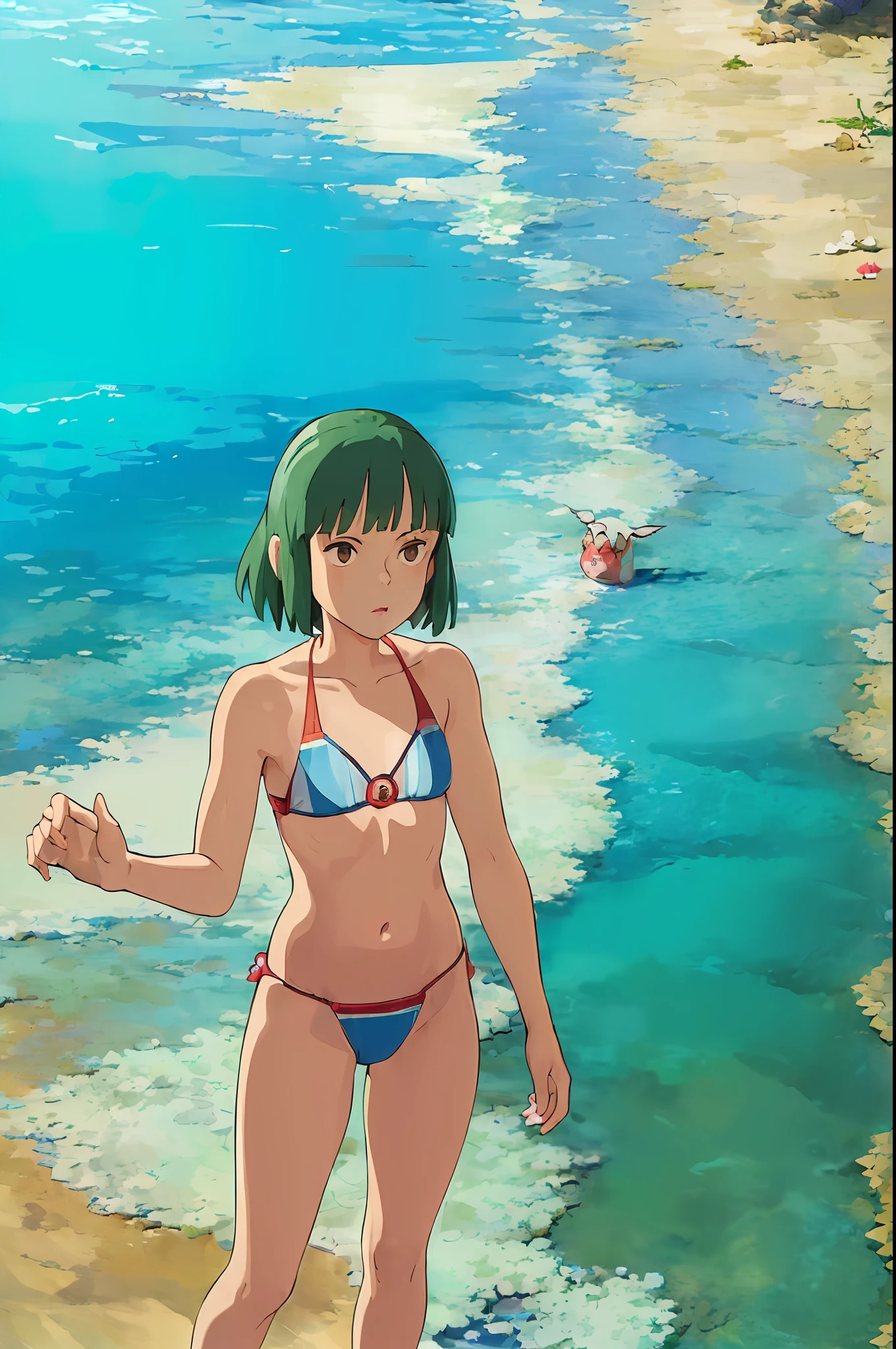 (Masterpiece:1.5),(Anatomically correct:1.1), High Quality:1.3, Swimming trunks with sand, sunshine, sea, blue pattern,ghibli style, san \(mononoke hime\), 1girl,((masterpiece)),bikini girl,