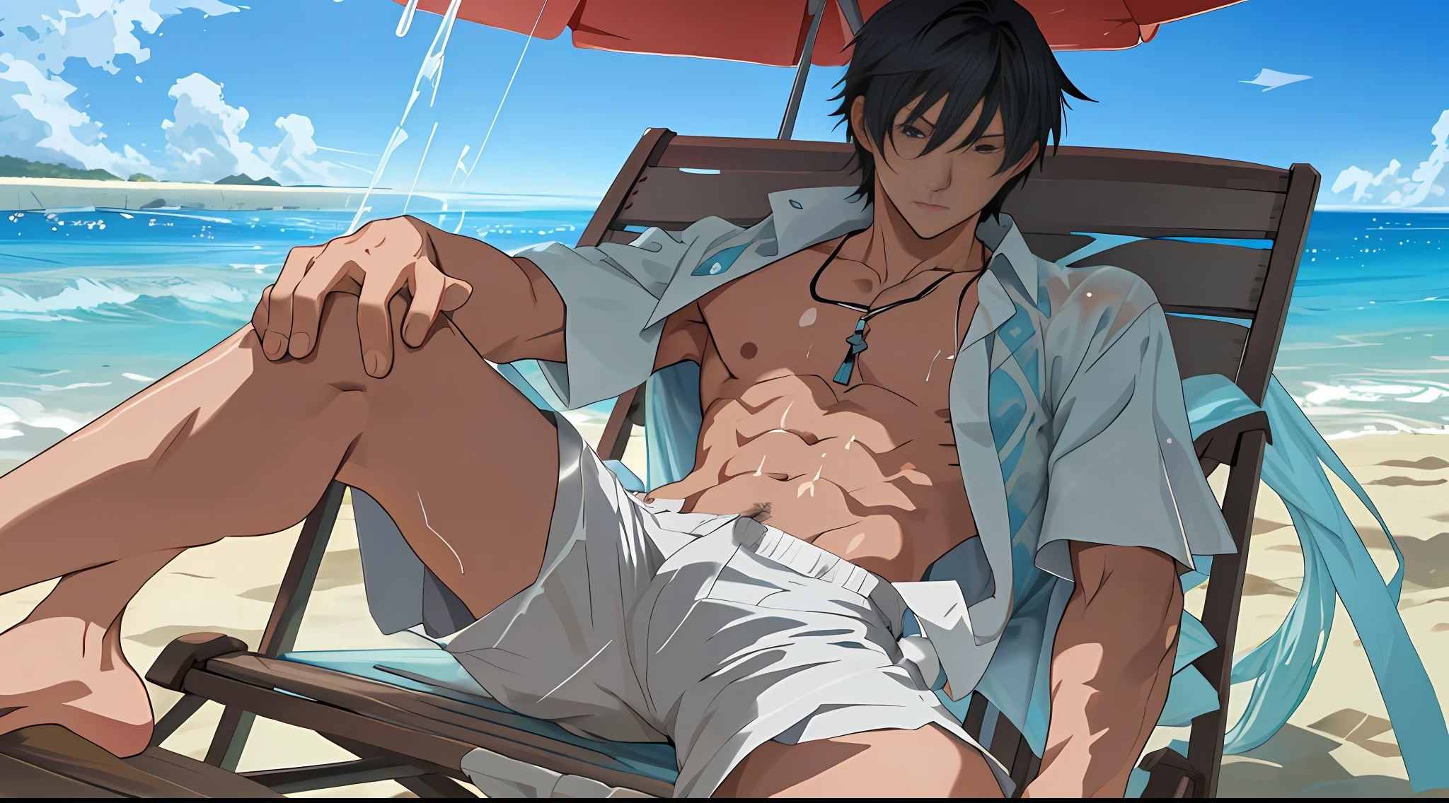 Men, Detailed Key Anime Art, (((Mature Male))),,Beach,Pectals,((Beach)),Abs,((Crotch Bulge)),Stubble,((White Sheer Shorts)),Short Black Hair,Expressionless,Dusk,Depth of Field,Legs Apart,(((Leaking Abdomen)),((Leaking Chest)),Facing the Audience,Advanced Digital Anime Art",((Leaning on a Beach Chair)),Anime Epic Artwork,,Shigenori Fukujima Illustration,,Anime Fantasy Artwork,2 . 5 d CGI anime fantasy artwork, full body, clean detailed anime art, anime fantasy illustration