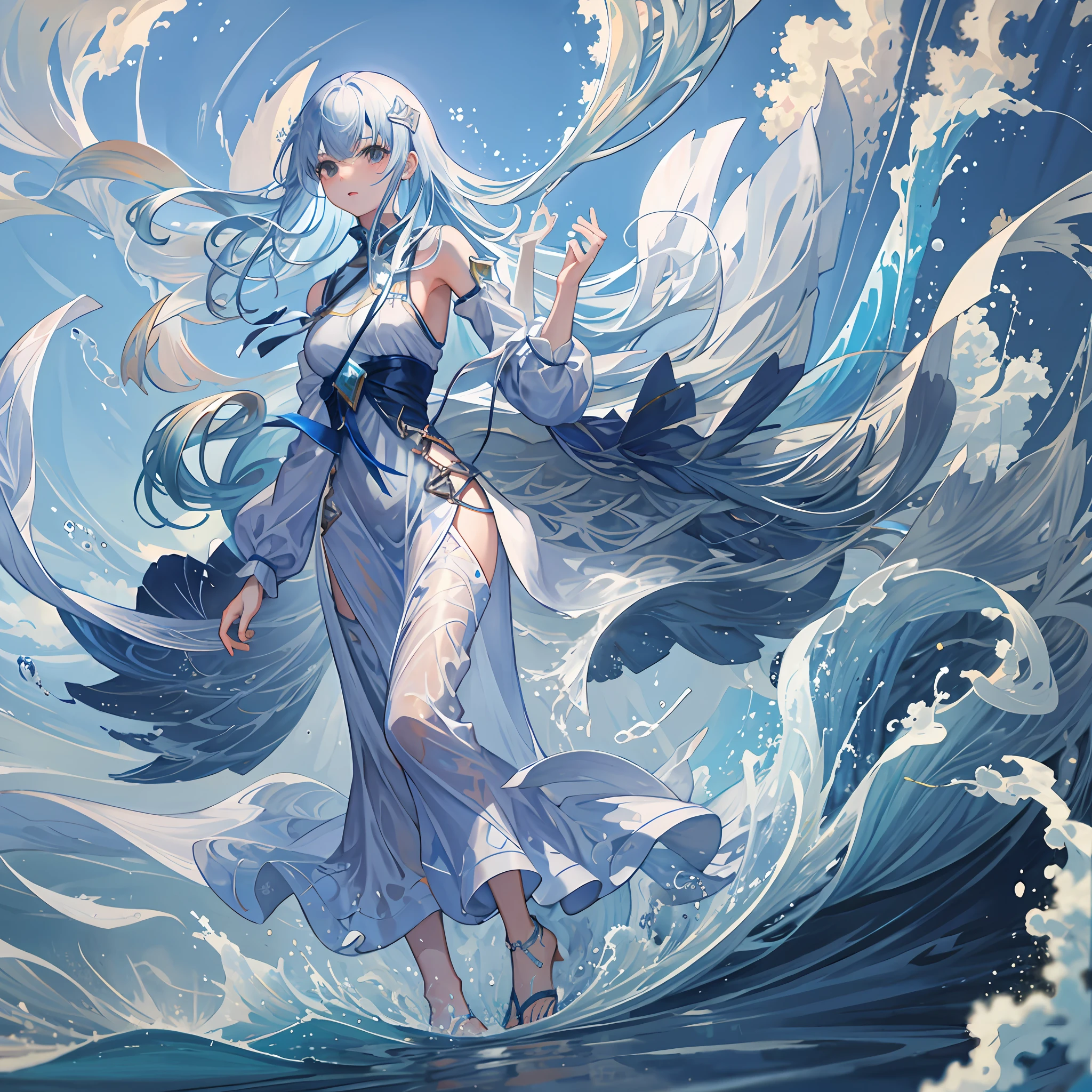 1girl,solo,light_blue_hair,liquid hair, long hair,floating hair, full body, standing,sundress, liquid clothes, water,waves, tsunami,tide,sea,water dress,