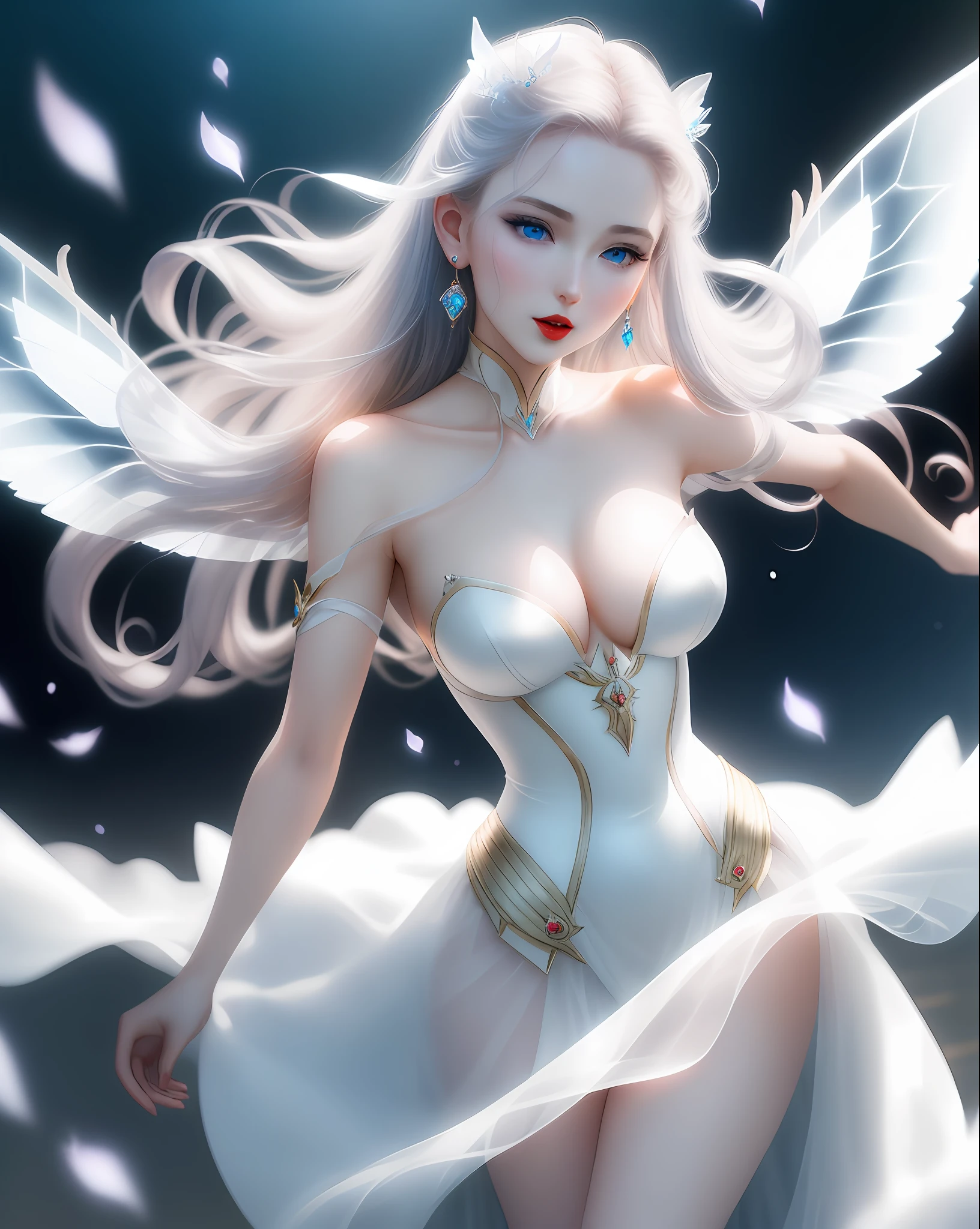 Model: Anime, Prompt: medium pointed and hard breasts, neckline, translucent wings, extremely detailed, depth of field, dreamlike, The best quality, infinite details, realistic photos, the highest quality, high resolution, cinematic light, Tindall effect, (beauty), fairy ears, transparent wings, silk skirts, clear and delicate facial features, perfect facial proportion, white skin, delicate and flexible hair, exquisite blue eyes, red lips, expressive expression, delicate dreamlike hair, avant-garde mobile earrings