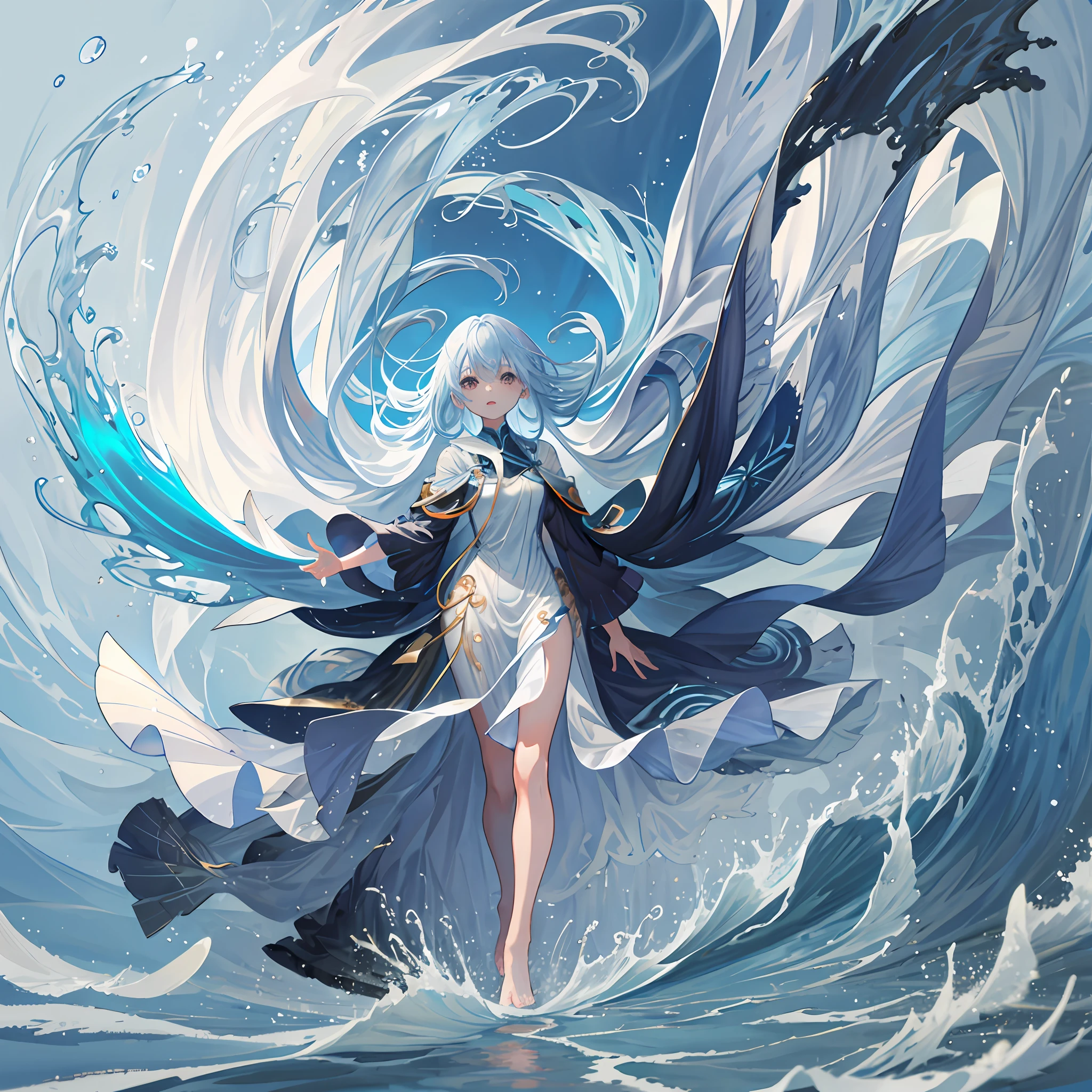 1girl,solo,light_blue_hair,liquid hair, long hair,floating hair, full body, standing,sundress, liquid clothes, water,waves, tsunami,tide,sea,water dress,
