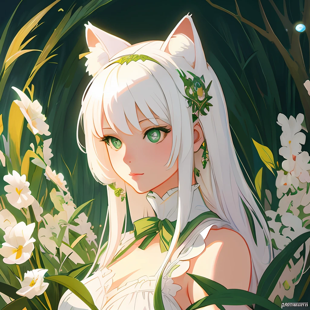 ultra realistic illustration, dream girl with white hair, with light green eyes, with cat ears, in a sundress, intricate, elegant, highly detailed, digital painting, artstation, concept art, smooth, sharp focus, illustration, art by artgerm and greg rutkowski and alphonse mucha