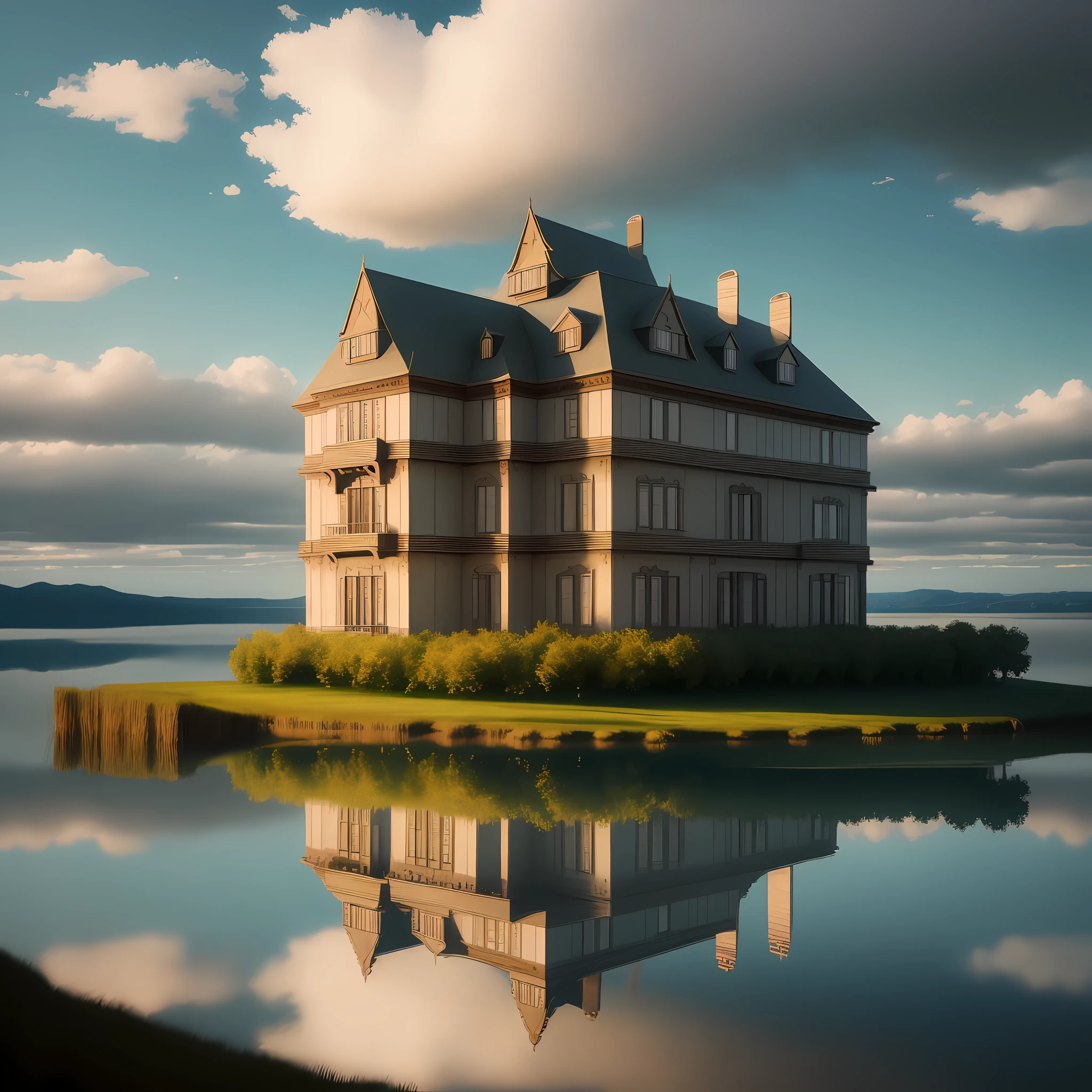 house on the edge of a large lake, Surrealism, cinematic lighting, f/2.8, UHD, super detail, high quality, 8k
