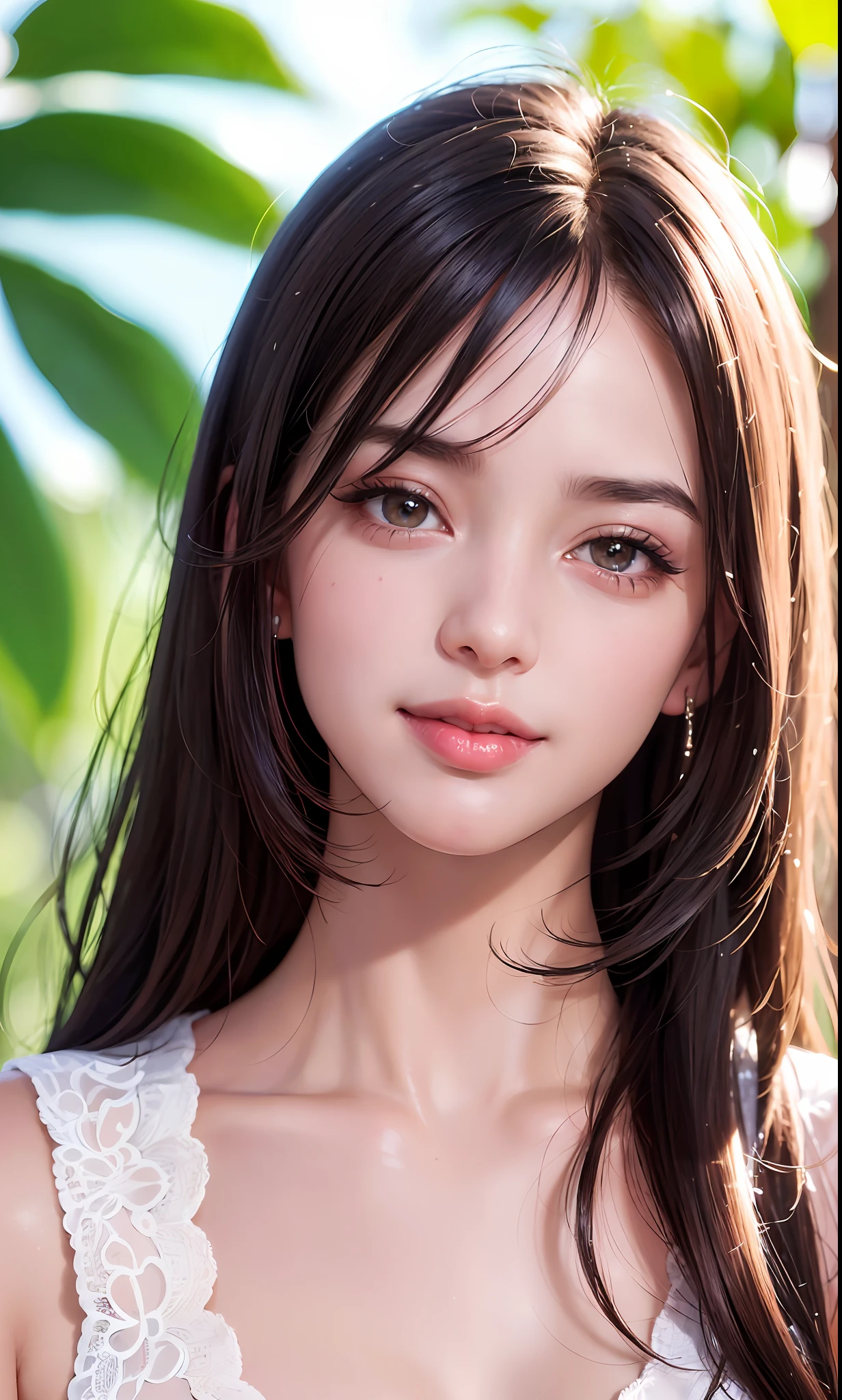 (8k, RAW photo, photorealistic: 1.25), (lip gloss, eyelashes, smiling, bright face, glowing skin, best quality, ultra high resolution, depth of field, chromatic aberration, caustic, wide lighting, natural shading) looking at the viewer with a serene bliss, diffused light