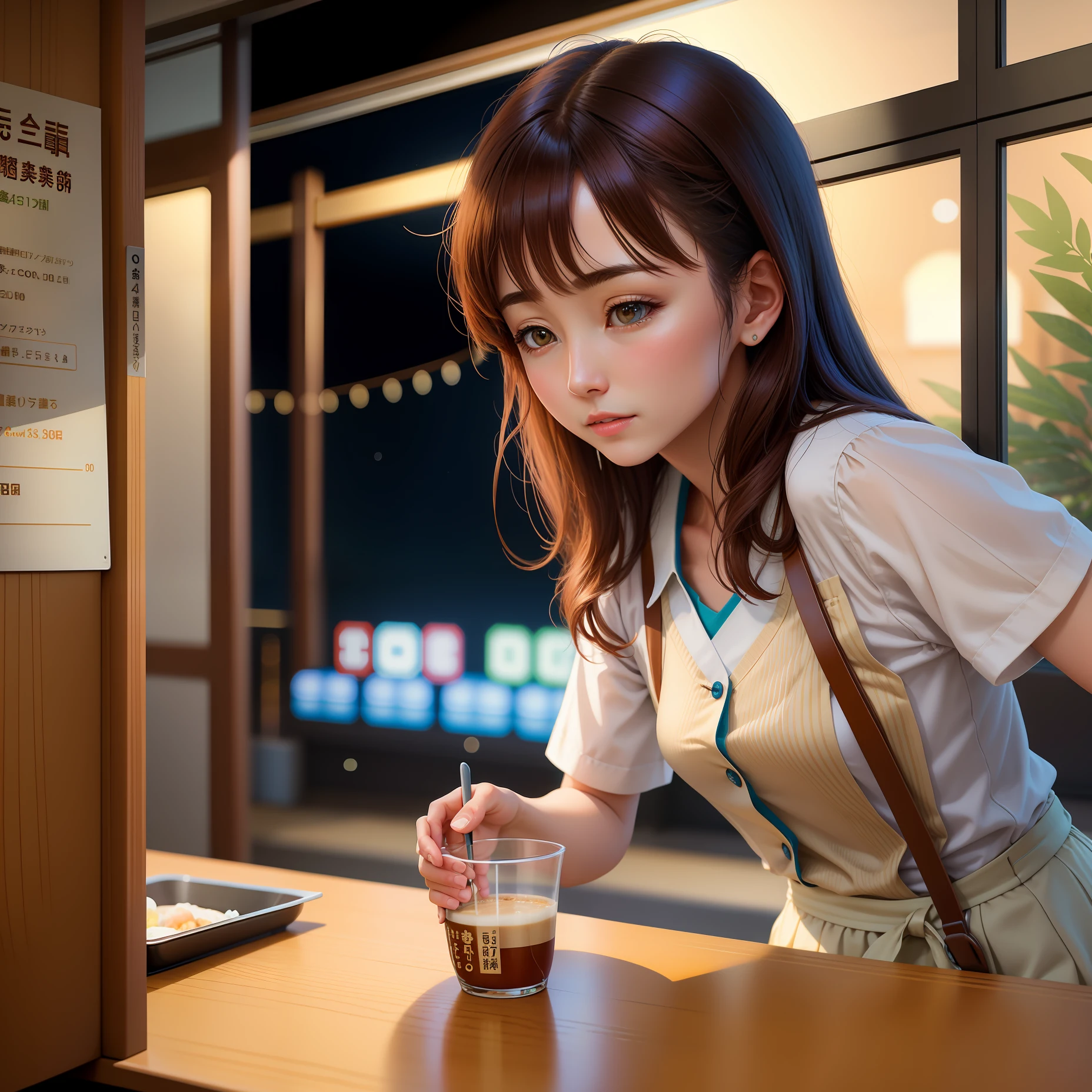 Cafe Calm Woman Face Normal Japan 4K Real Back View 20s Sitting Seat 1 Guest Far