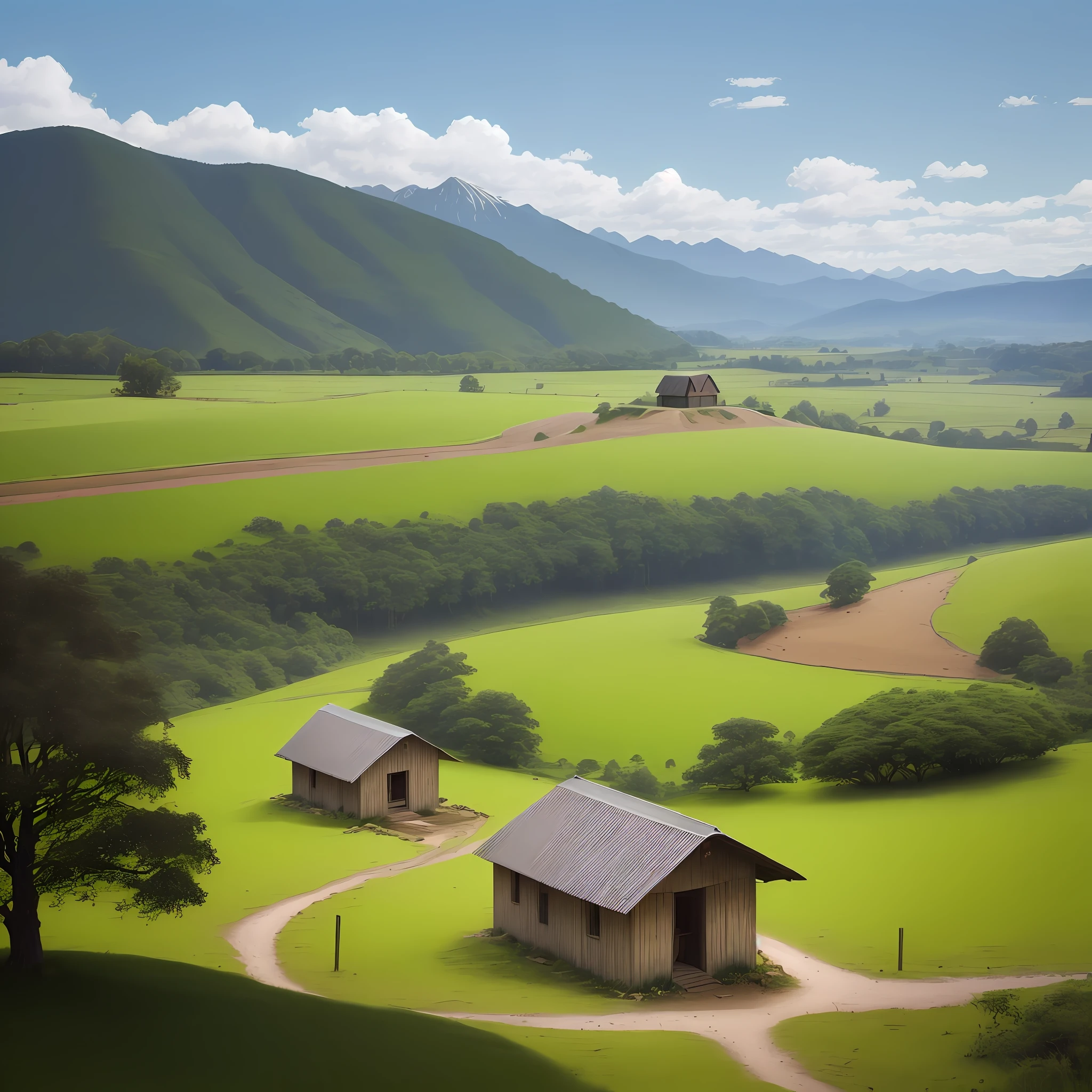 rural landscape: a hut with a tree next to it, a dirt road, wire fence and hills in the background