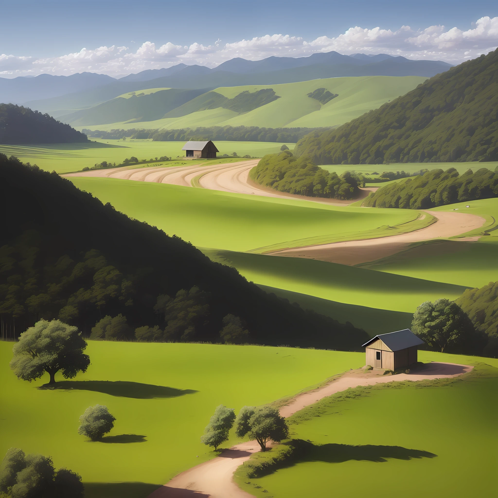 rural landscape: a hut with a tree next to it, a dirt road, wire fence and hills in the background