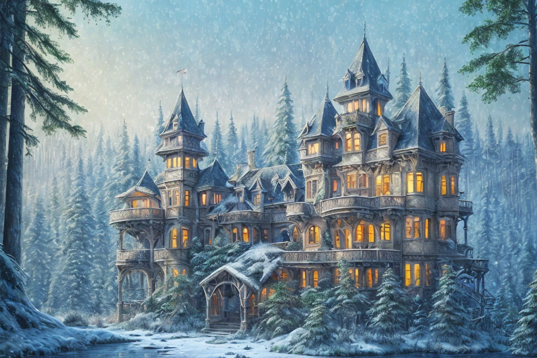 Old style painting, abandoned castle mansion covered in forest, supersaturated, princess tower, gazebo, balcony, colorful, very detailed, high resolution, reflections traced by rays, dramatic lighting, 8k vibrant colors, detailed acrylic, 
snow,roofs with snow, blizzard, cold, pine trees intricate, natural volumetric film soft perfect light, oil painting