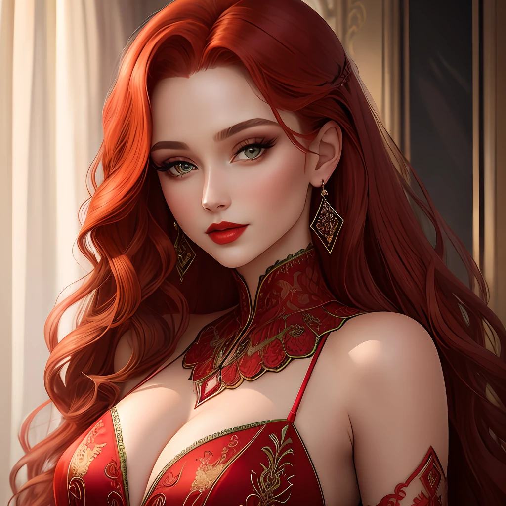 A portrait of an elegant woman with long, curly hair in a shade of intense redhead, deep green eyes and red lips. She is wearing a stunning gala dress, with intricate details and bright embroidery