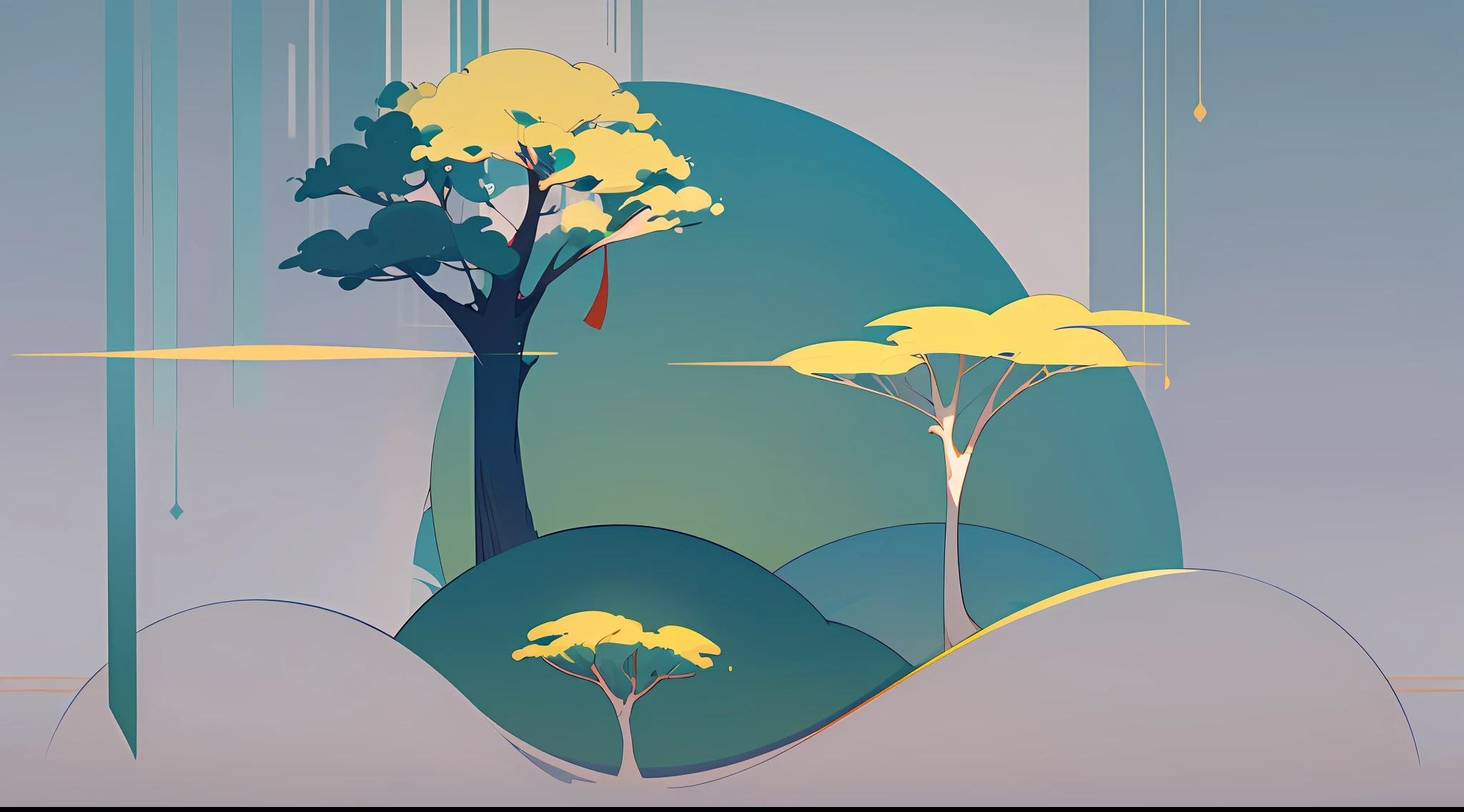 (Chinese landscape), (Zen, Amy Sol style), (summer, big green trees, cicadas, sunshine), cover art with light abstraction, abstract, simple vector art, contemporary Chinese art, color gradients, soft color palettes, layered forms, whimsical animation, style Ethereal abstract, 4K, --v6