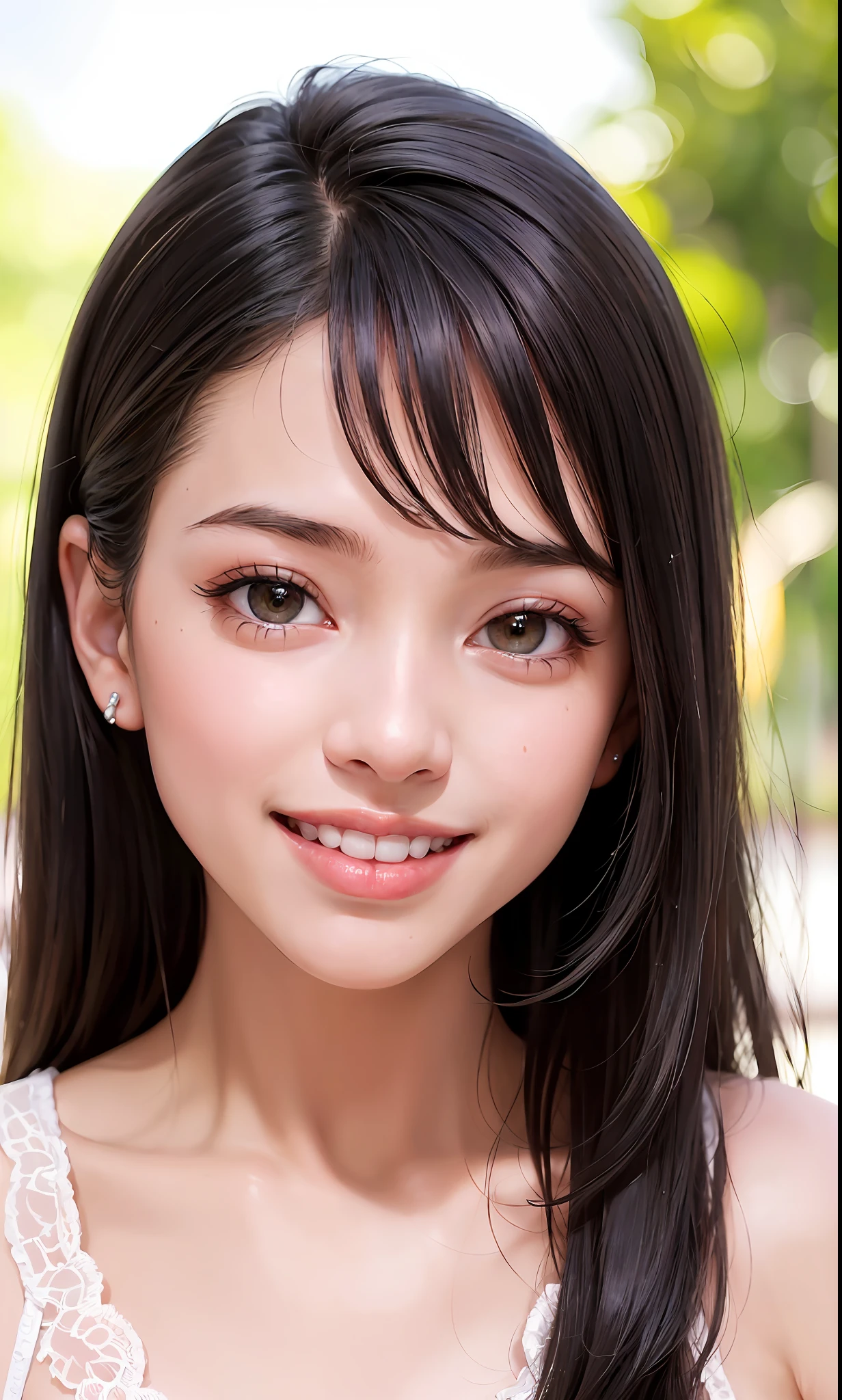 (8k, RAW photo, photorealistic: 1.25), (lip gloss, eyelashes, smiling wide showing teeth with braces, bright face, bright skin, best quality, ultra high resolution, depth of field, chromatic aberration, caustic, wide lighting, natural shading) looking at the viewer with a serene happiness, diffused light