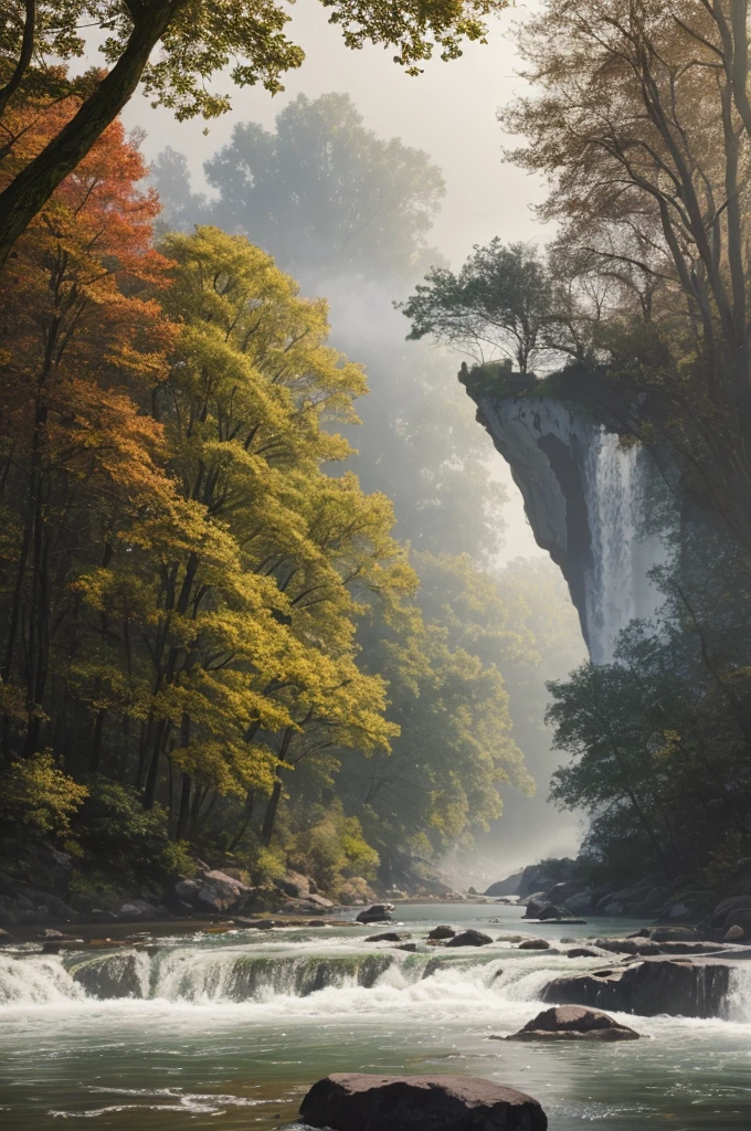 Style, ChromaV5, nvinkpunk, (extremely detailed 8k CG unit wallpaper), an image of a majestic river, trees on the sides, small waterfall, intense fog, award-winning photography, chromatic aberration, detailed, HDR, Bloom, Monet style, Pissarro and Sisley, trend at ArtStation, trend at CGSociety, midjourney art