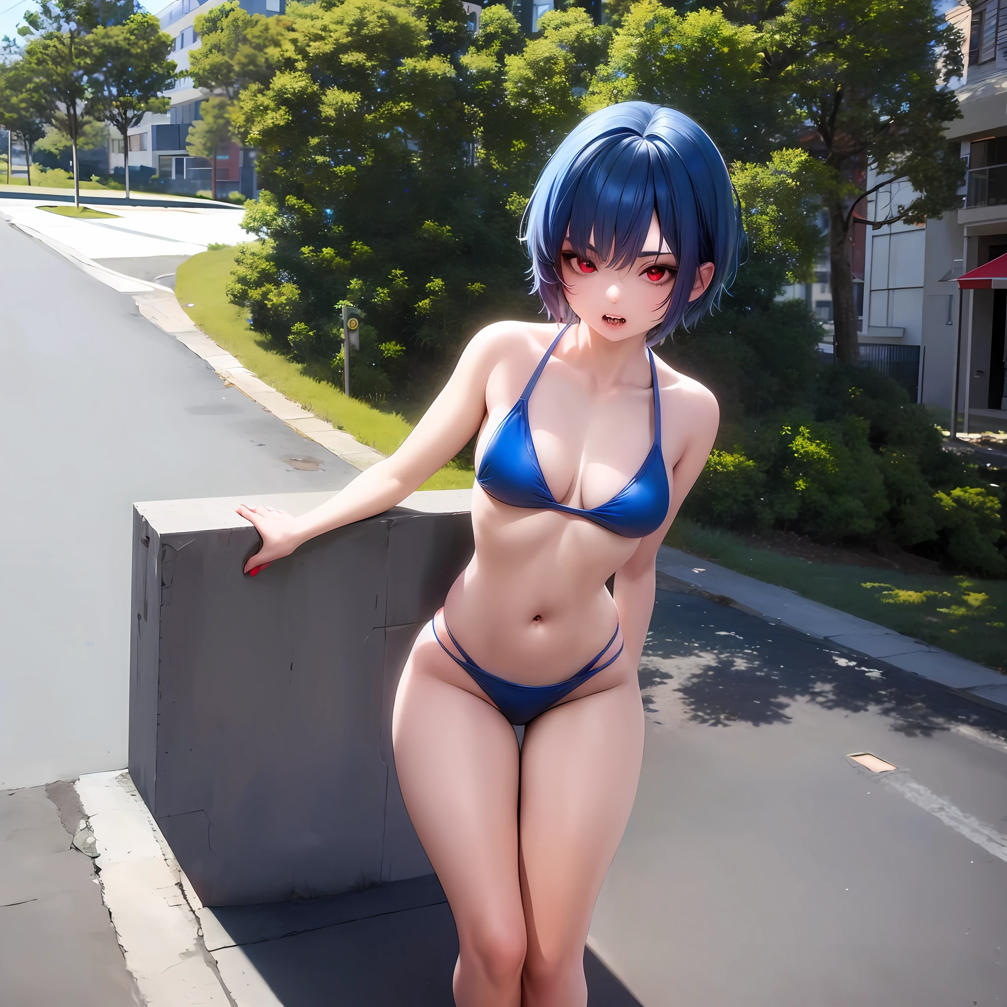  girl, super realistic, 8k, blue hair, short hair, chick maria above ear, red eyes, beautiful and cute, sharp teeth, Booty, on the sidewalk, barefoot, perspective, super detailed, alone, fair skin, square bangs, wearing sexy bikini, bottom angle