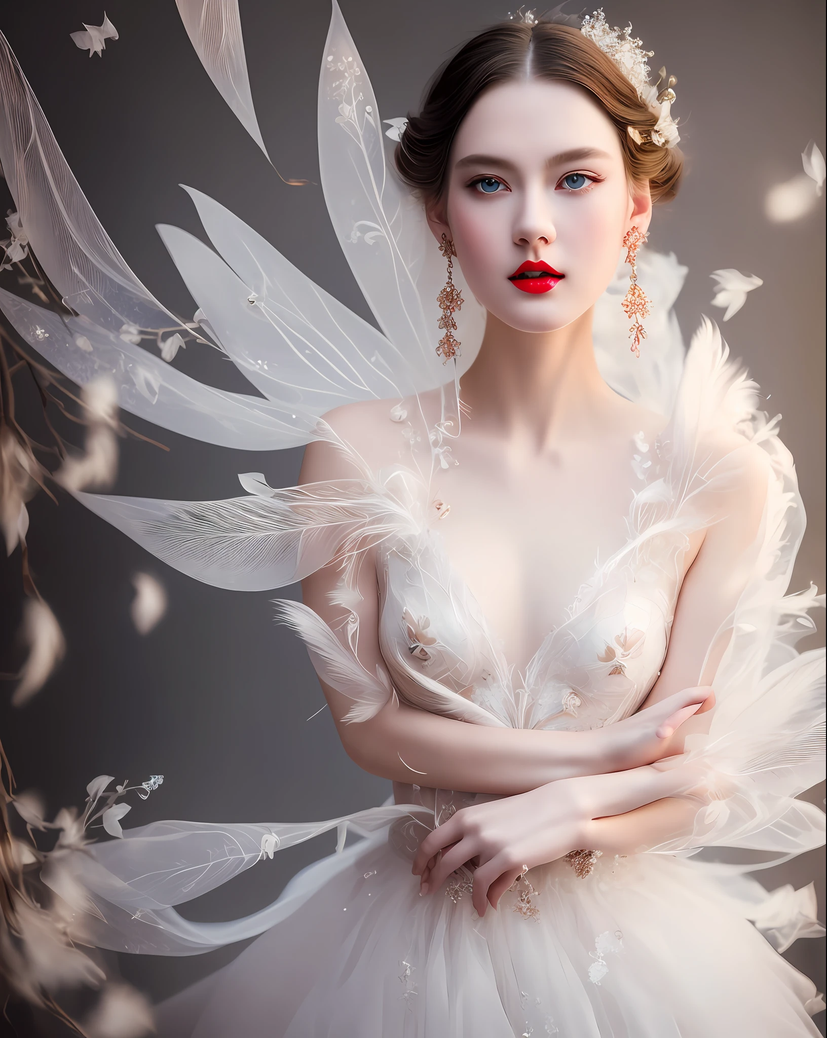Model: Anime, Prompt: medium breasts heaving, pointed and hard, neckline, feathers flying, muslin dress, extremely detailed, depth of field, dreamlike, The best quality, infinite details, realistic photos, highest quality, high resolution, cinematic light, Tindall effect, (beauty), fairy ears, transparent wings, silk skirts, light and delicate facial features, perfect facial proportion, white skin, delicate and supple hair, exquisite blue eyes, red lips, expressive expression, delicate dreamlike hair, avant-garde mobile earrings