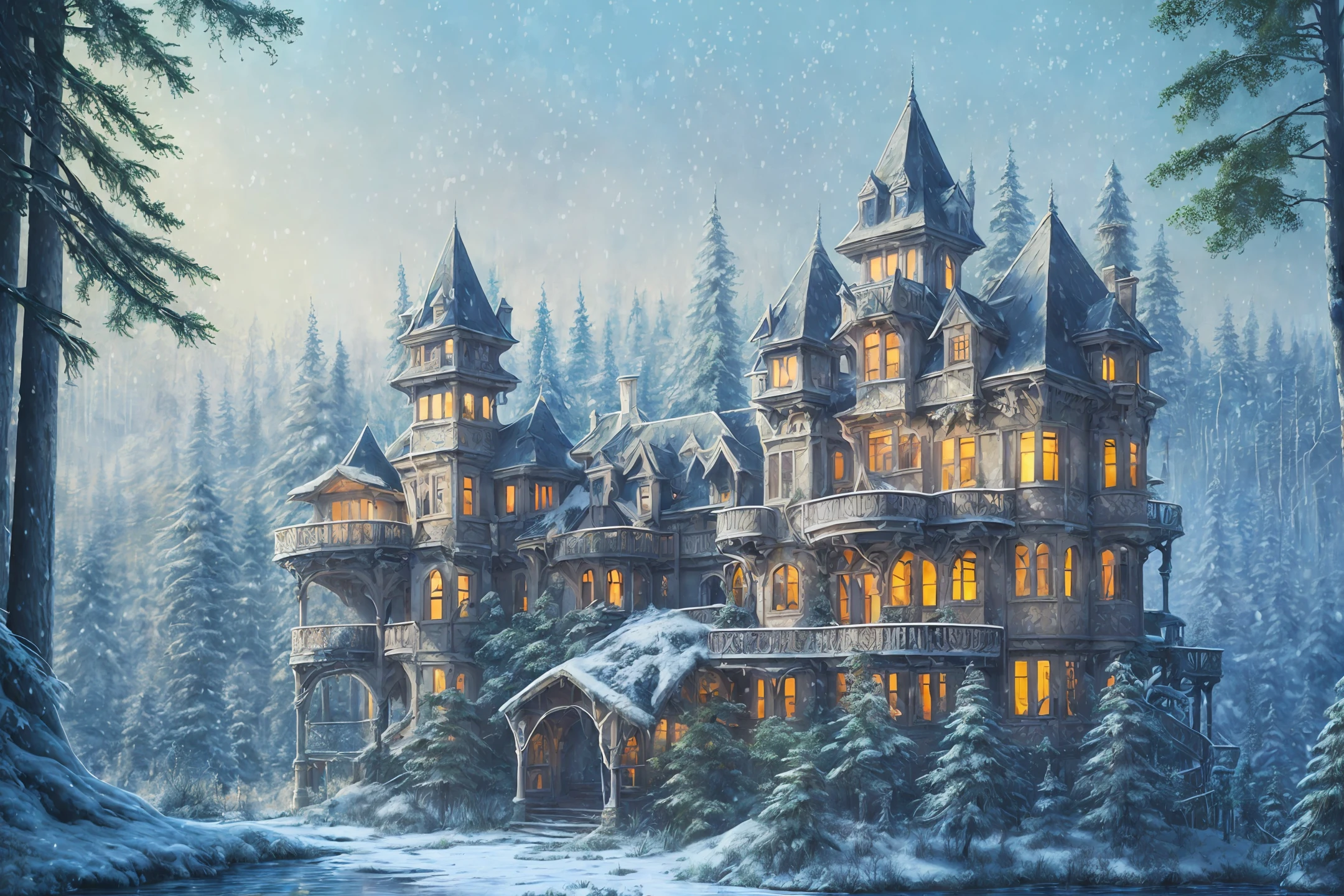 Old style painting, abandoned castle mansion covered in forest, supersaturated, princess tower, gazebo, balcony, colorful, very detailed, high resolution, reflections traced by rays, dramatic lighting, 8k vibrant colors, detailed acrylic,
snow,roofs with snow, blizzard, cold, pine trees intricate, natural volumetric film soft perfect light, oil painting