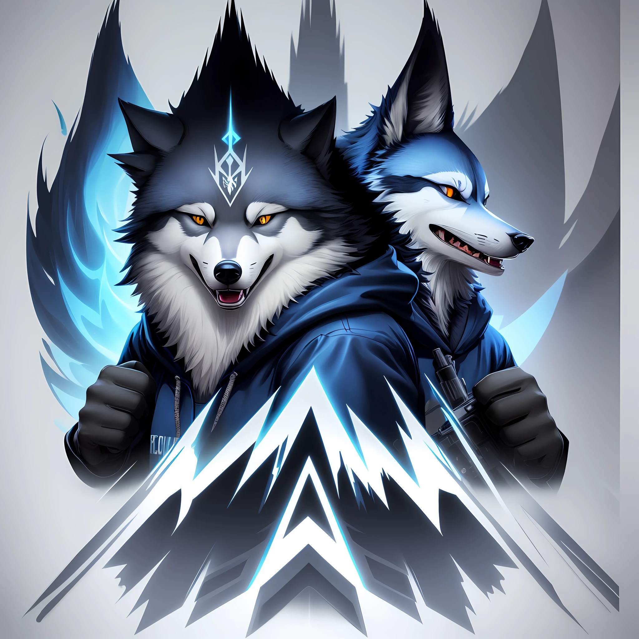 floating hooded wolf, long shiny teeth, blue fur, gun, realistic, (poster), design, layout, (graphic design 1.3), as a t-shirt logo in art style <
