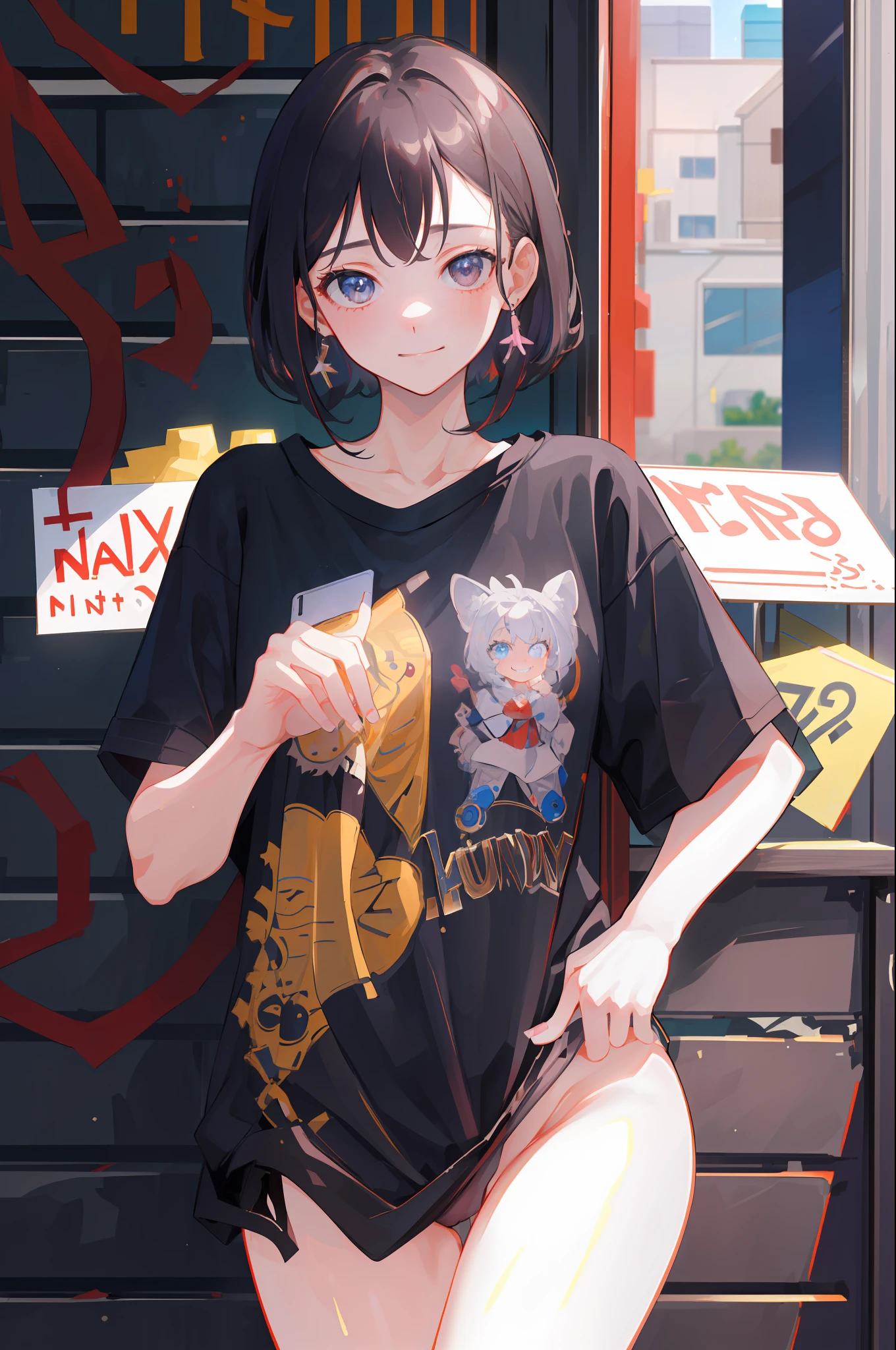 (8k, maximum quality, best quality, masterpiece, highly detailed: 1.2), 1girl, upper body, woman's appearance (EvelynNobodySD15), wearing boyfriend shirt and panties, (naked shirt, shirt puller), shy, half smile, noon, bottom
