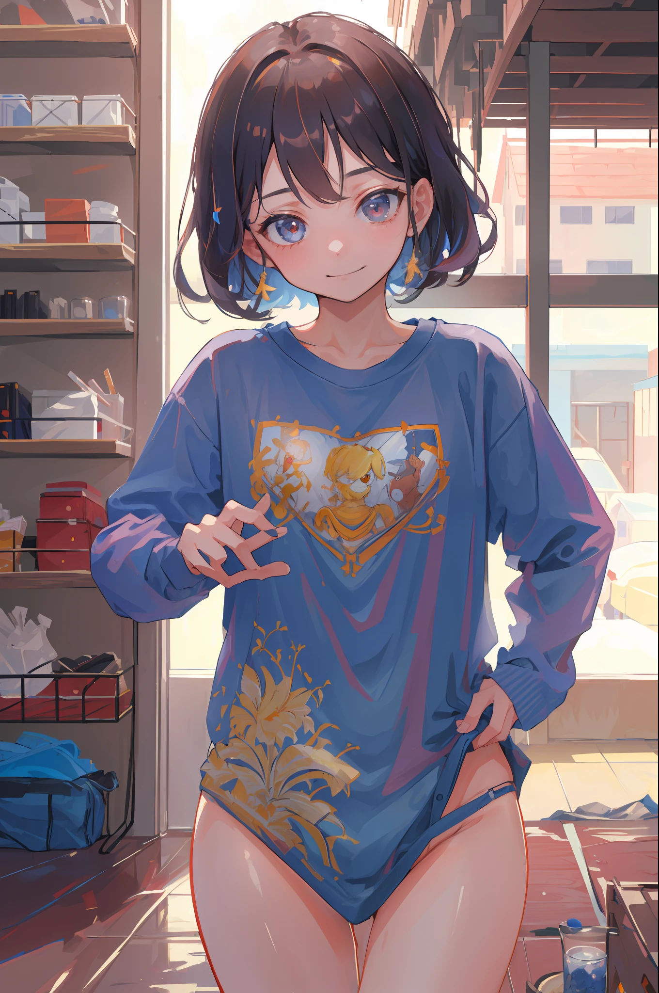 (8k, maximum quality, best quality, masterpiece, highly detailed: 1.2), 1girl, upper body, woman's appearance (EvelynNobodySD15), wearing boyfriend shirt and panties, (naked shirt, shirt puller), shy, half smile, noon, bottom