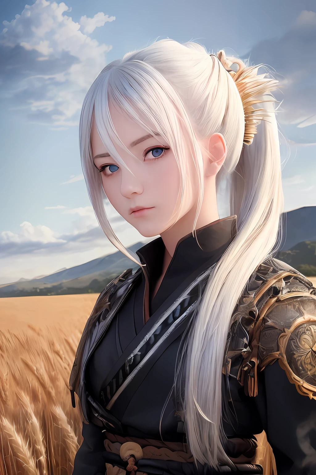 masterpiece, best quality, 1girl, portrait, white hair, ponytail, blue eyes, samurai, wheat landscape, sun, clouds, (neutral colors), (hdr:1.4)