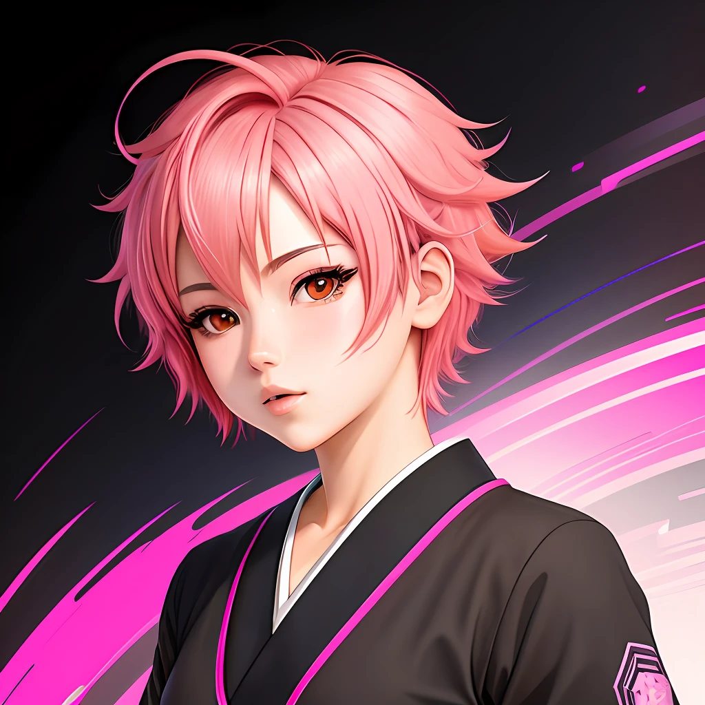 An anime-style digital portrait with defined strokes and vibrant colors. The character has short pink hair, large, expressive eyes, and is wearing a Japanese school uniform, conveying an air of youth and innocence