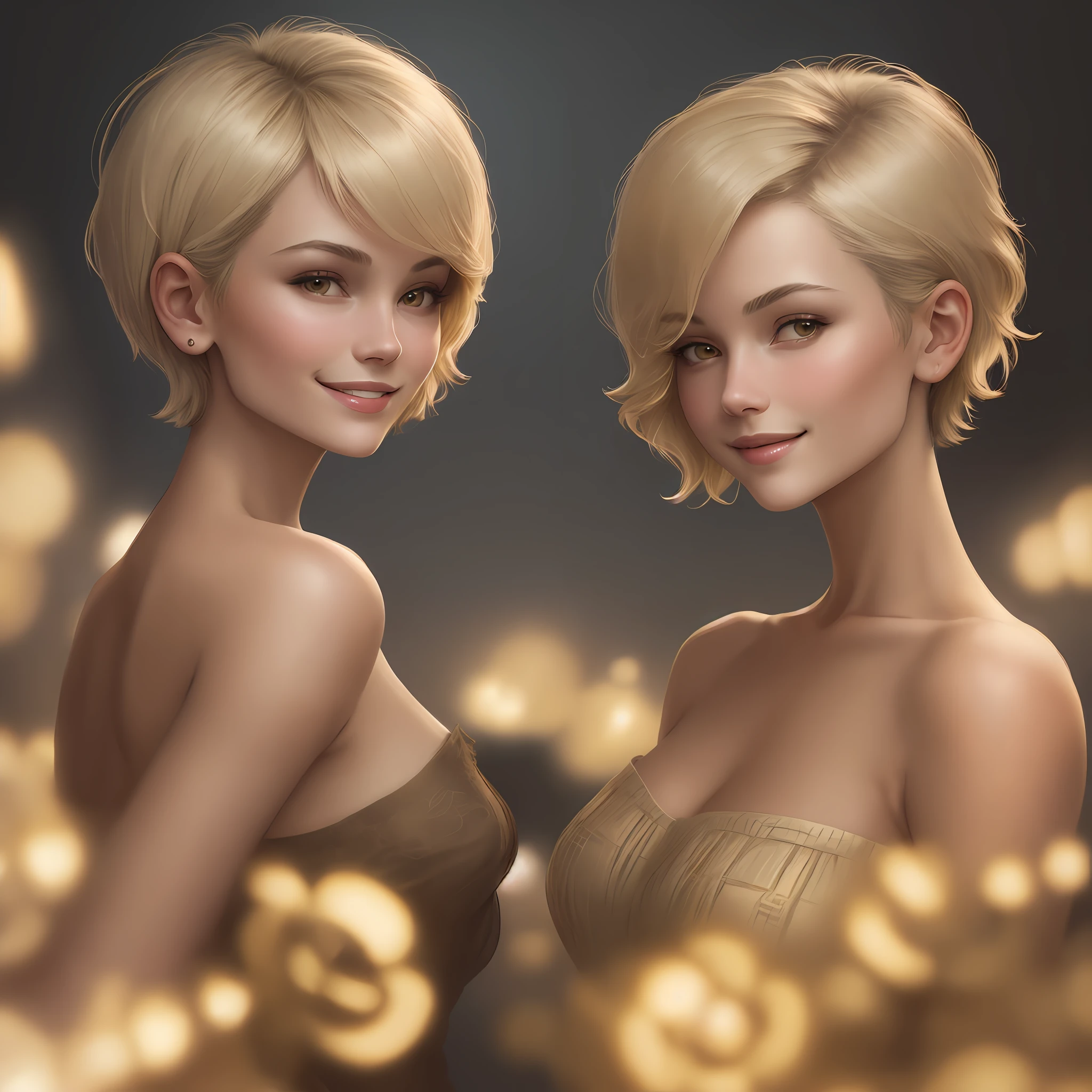(masterpiece), realistic, (((1, a young French woman smiling))) (((short hair round cut chanel above shoulders))) ((no wrinkles on face)), (19 year old woman) young, full face, robust, nourished and beautiful, wearing a simple beige shirt, studio lighting, cinematic light, beautiful woman , ((beautiful bright eyes light yellow honey color)) , dark brown chanel hair , perfect anatomy, very cute smile, princess, (head frame), central image, style, bioluminescent, full size 8, 8k resolution, human hands, curiously complete, elegant, close to perfection, dynamic, highly detailed, character sheet, concept art, smooth, positioned so that their bodies are symmetrical and balanced directly towards the viewer, amazing Caucasian 20-something incredibly beautiful, detailed rounded uniform hairstyles,