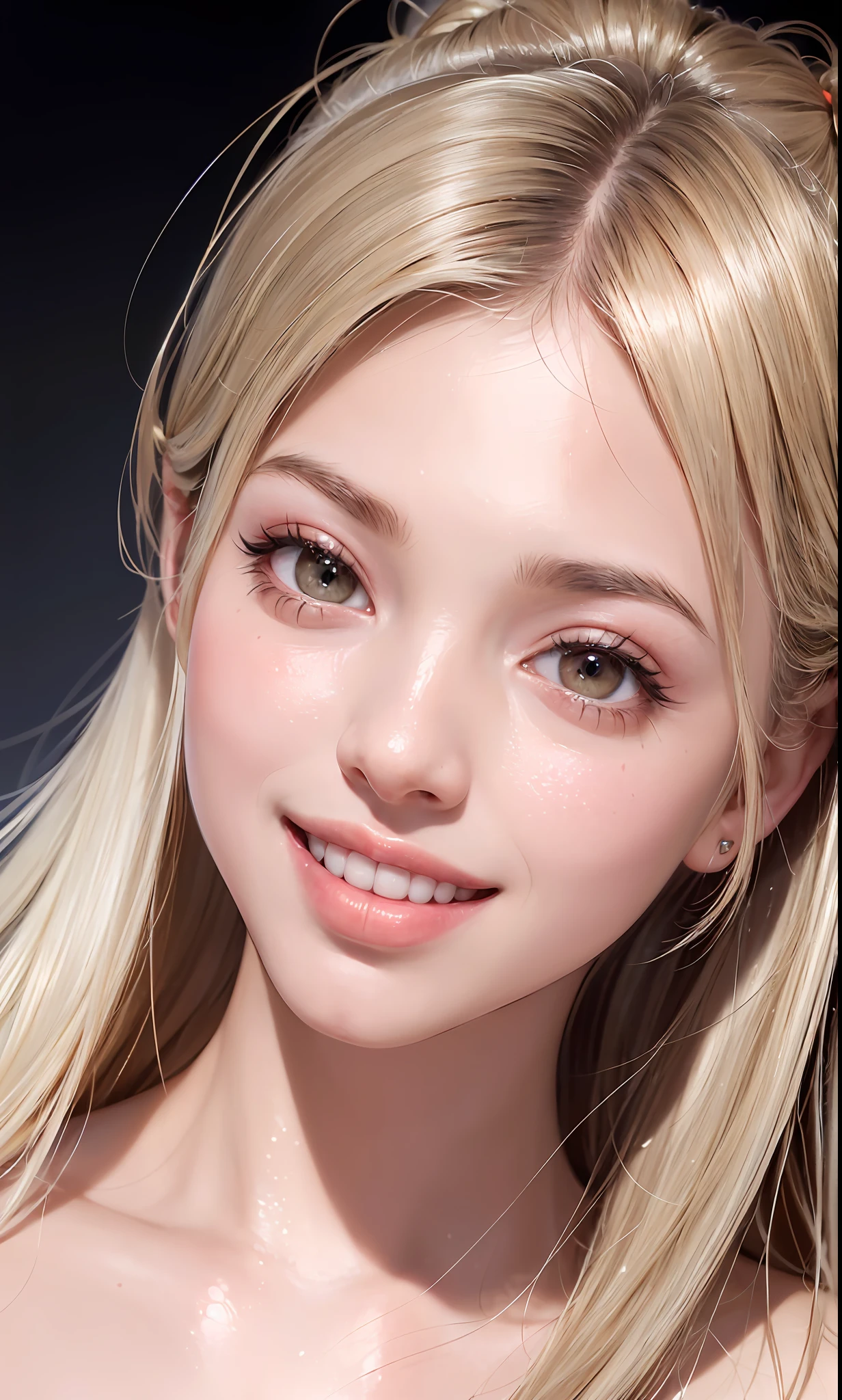 (8k, RAW photo, photorealistic: 1.25), (lip gloss, eyelashes, wide smile showing teeth with dental appliances, bright face, glowing skin, best quality, ultra high resolution, depth of field, chromatic aberration, caustic, wide lighting, natural shading) looking at the viewer with a serene happiness, diffused light