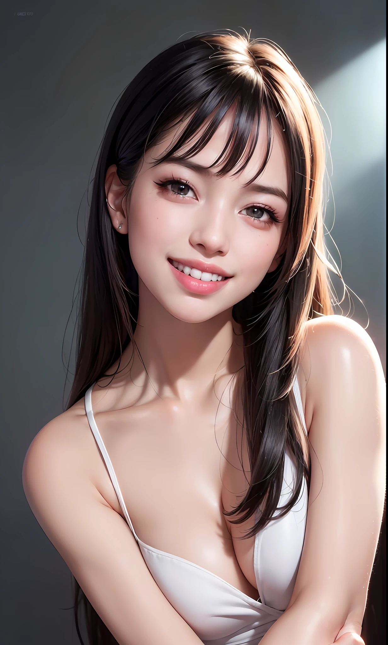 (8k, RAW photo, photorealistic: 1.25), (lip gloss, eyelashes, wide smile showing teeth with dental appliances, bright face, glowing skin, best quality, ultra high resolution, depth of field, chromatic aberration, caustic, wide lighting, natural shading) looking at the viewer with a serene happiness, diffused light