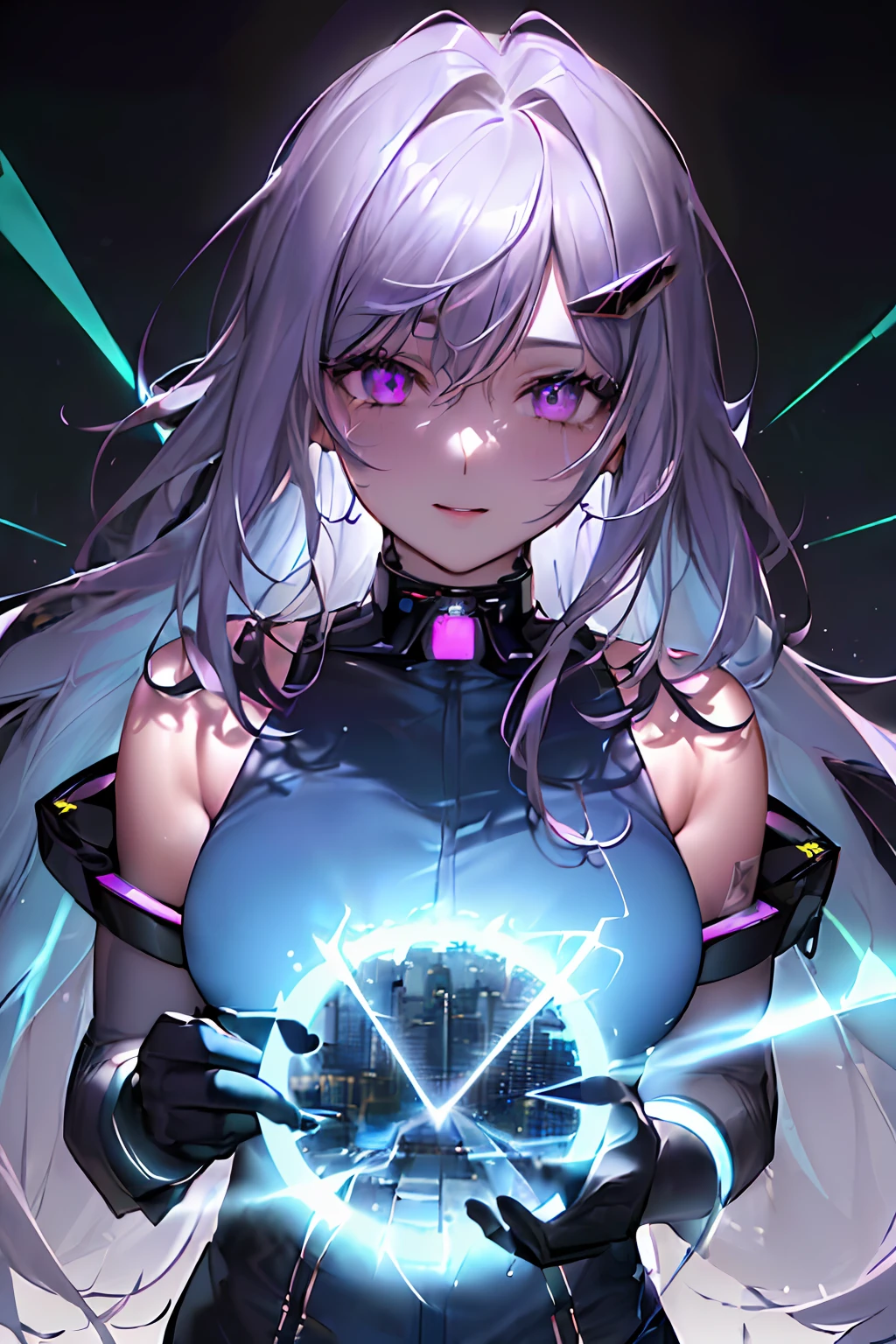 ((pov)), (((sharp focus, best quality, ultra-detailed, real image, ultra-detailed face, beautiful art, ultra-detailed, HDR, cinematic lighting, high resolution, 16k wallpaper, best illustration, best shadow))), (A human being emitting an aura from his body:1.4), (Blue energy light emanates from the body:1.4), (finely detailed beautiful eyes:1.2), (symmetrical eyes:1.2), (great eye highlight:1.3), (fly:1.3), (cyber city:1.4), (lightning discharge effects:1.2), (electrocution:1.3), ((Hoshino Ai)), long hair, purple hair, streaked hair, purple eyes, ((star-shaped pupils, hair ornament)),