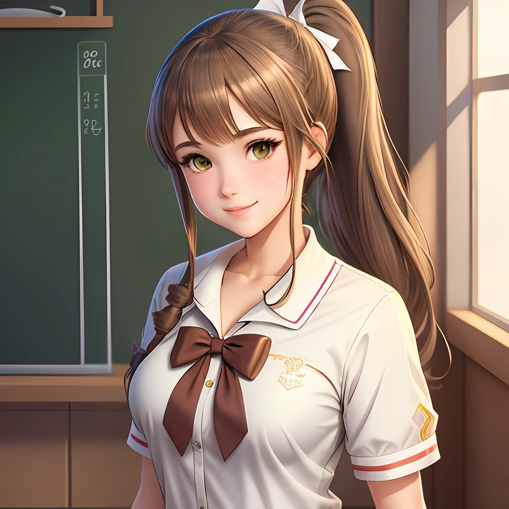 beautiful anime high school girl, complete body view, light brown hair, ponytail, white ribbon, green eyes, full perfect face, slightly smiling, detailed school background, drawn by Artgerm, Sasoura, Satchely, no distorsion