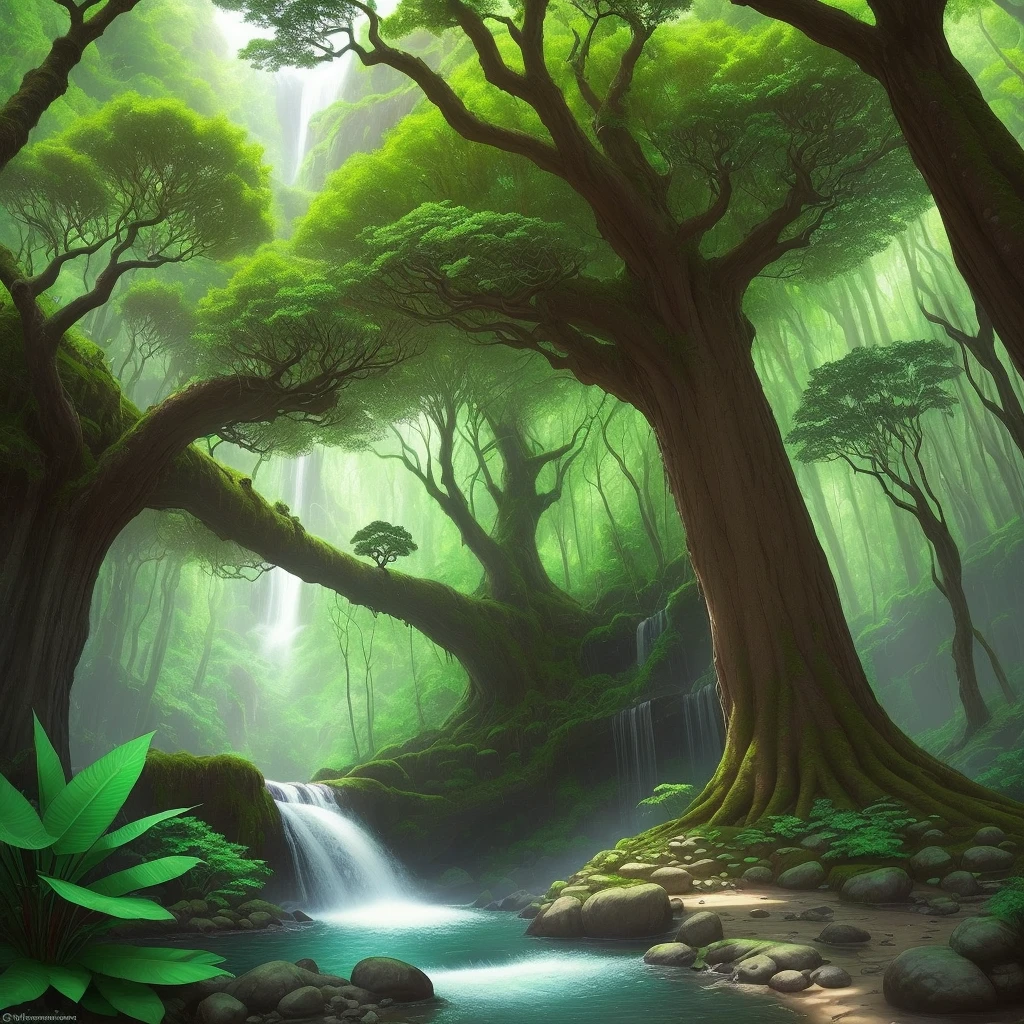Create a magical and lush forest, where each Orixá has its own sacred space. Add natural elements such as centuries-old trees, waterfalls, and wildlife to underscore the connection between nature and deities.