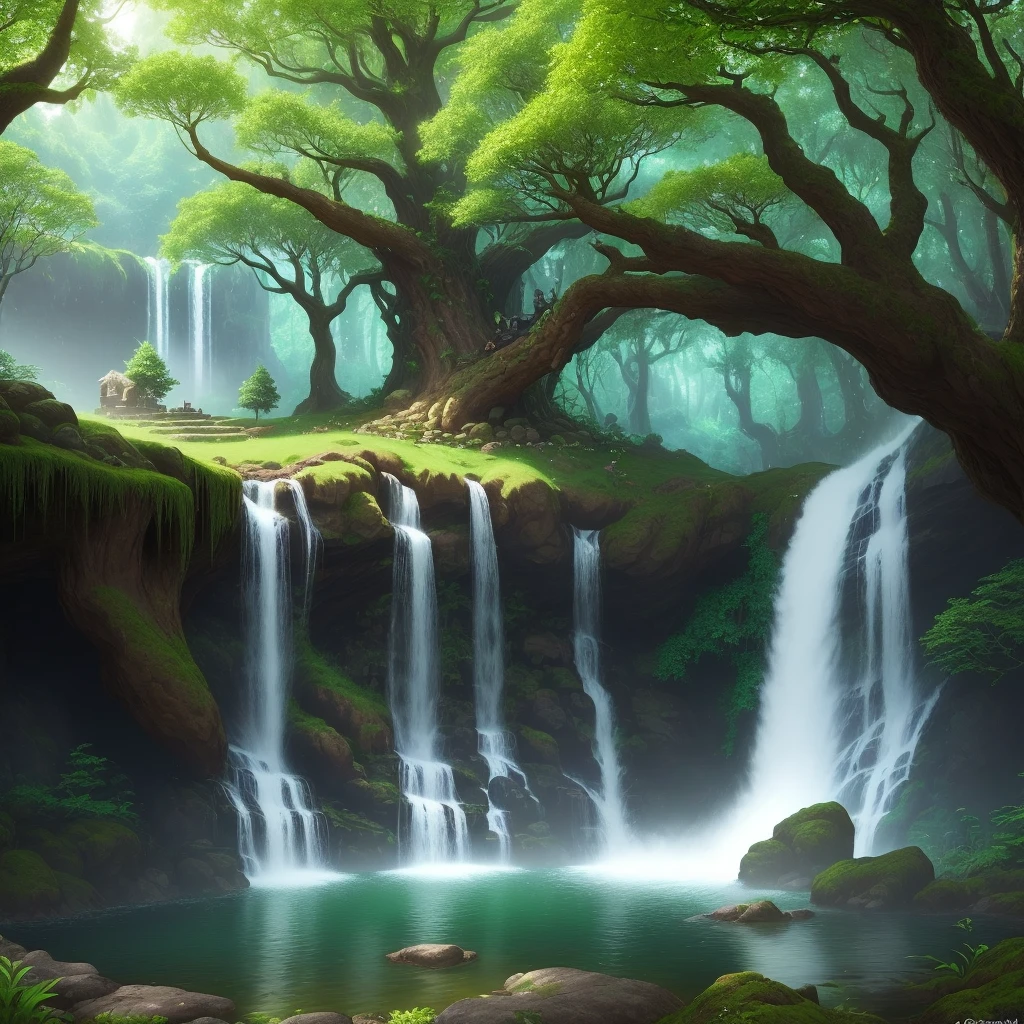 Create a magical and lush forest where Oxum has its own sacred space. Add natural elements such as centuries-old trees, waterfalls, and wildlife to underscore the connection between nature and deities. Ultra realistic, 4k
