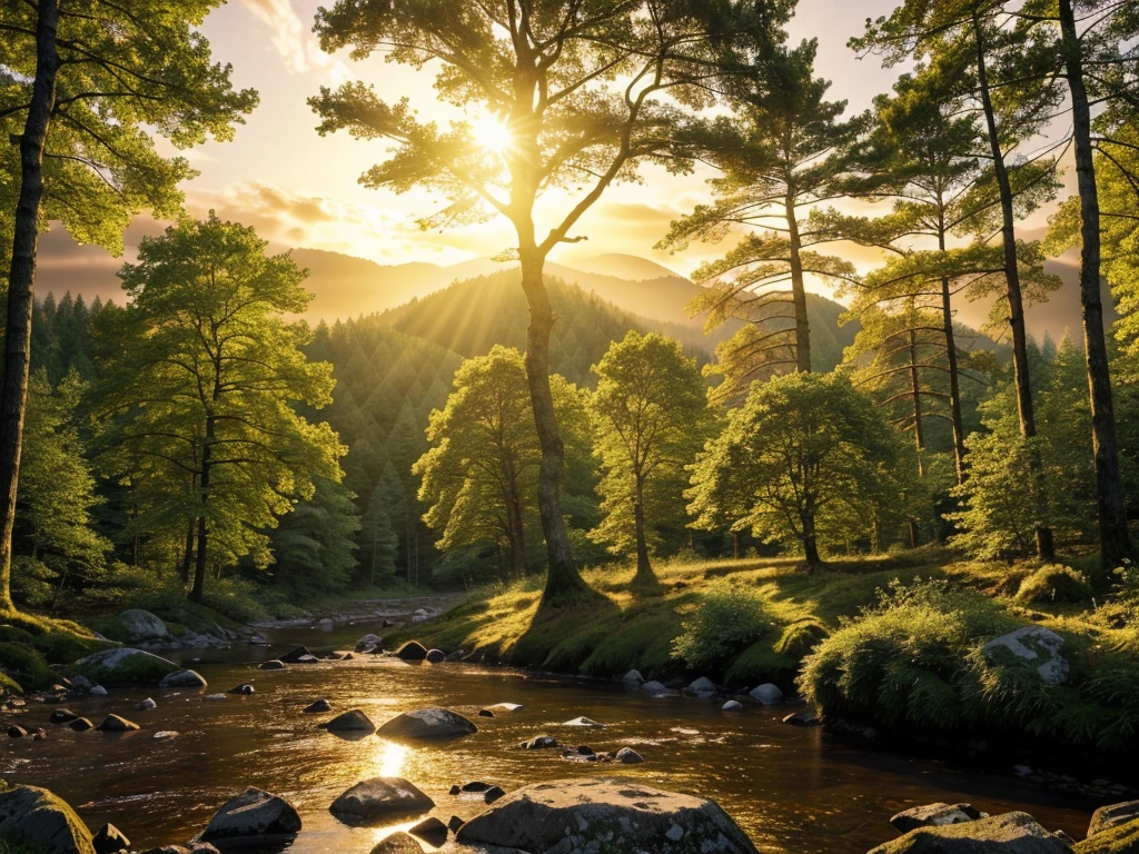 masterpiece_portrait,(best quality:1.4)),photorealistic,(ultra high res),(detailed lighting:1.2),(cinematic lighting:1.1),realistic,intricate_details, finely_detailed,8K Ultra High Definition,wide shot,Tranquil forest stream flowing through a peaceful woodland,Forest at sunset, with vibrant hues painting the sky and foliage,Solitary Watch: A lone tree standing tall amidst a sea of dense forest. The isolated tree becomes a focal point, symbolizing strength and resilience in the face of solitude.,Eternal Guardians: A forest landscape with ancient trees that bear scars and weathered marks, representing the passage of time and the resilience of nature. The scene pays homage to the enduring spirit of the forest.,