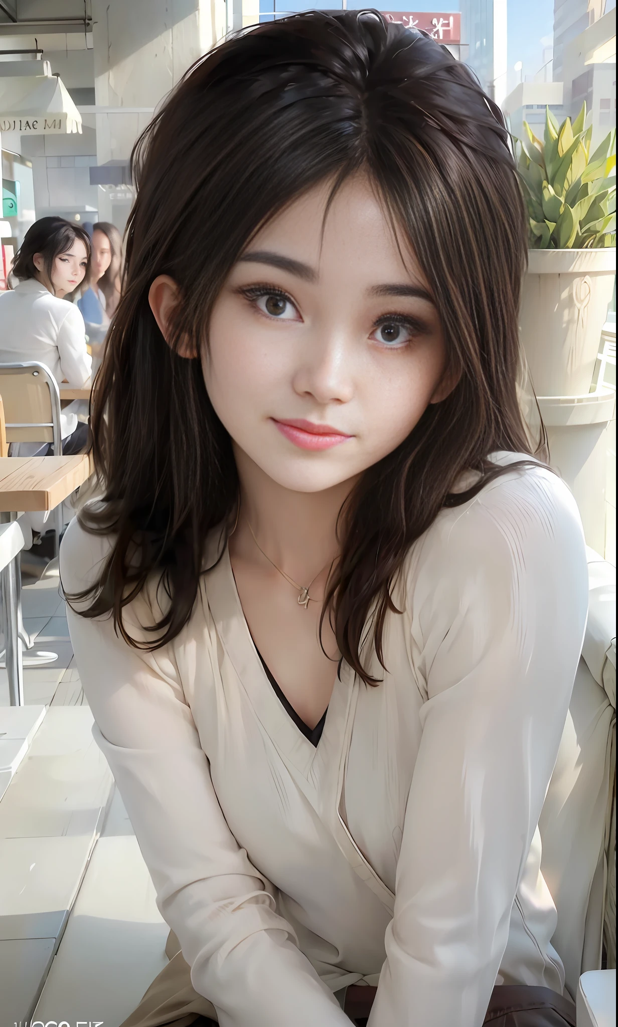 (RAW Photo, Best Quality), (Realistic, Photo Realistic: 1.2), Close-up Portrait Photo, 1 Girl, Mall Rooftop Cafe, Outdoor, Smile, (High Detail Skin: 1.4), Puffy Eyes, Gorgeous Hair, Air Bangs, Brown-Black Hair, pussy_peek, Soft Light, High Quality, Full Body Shot