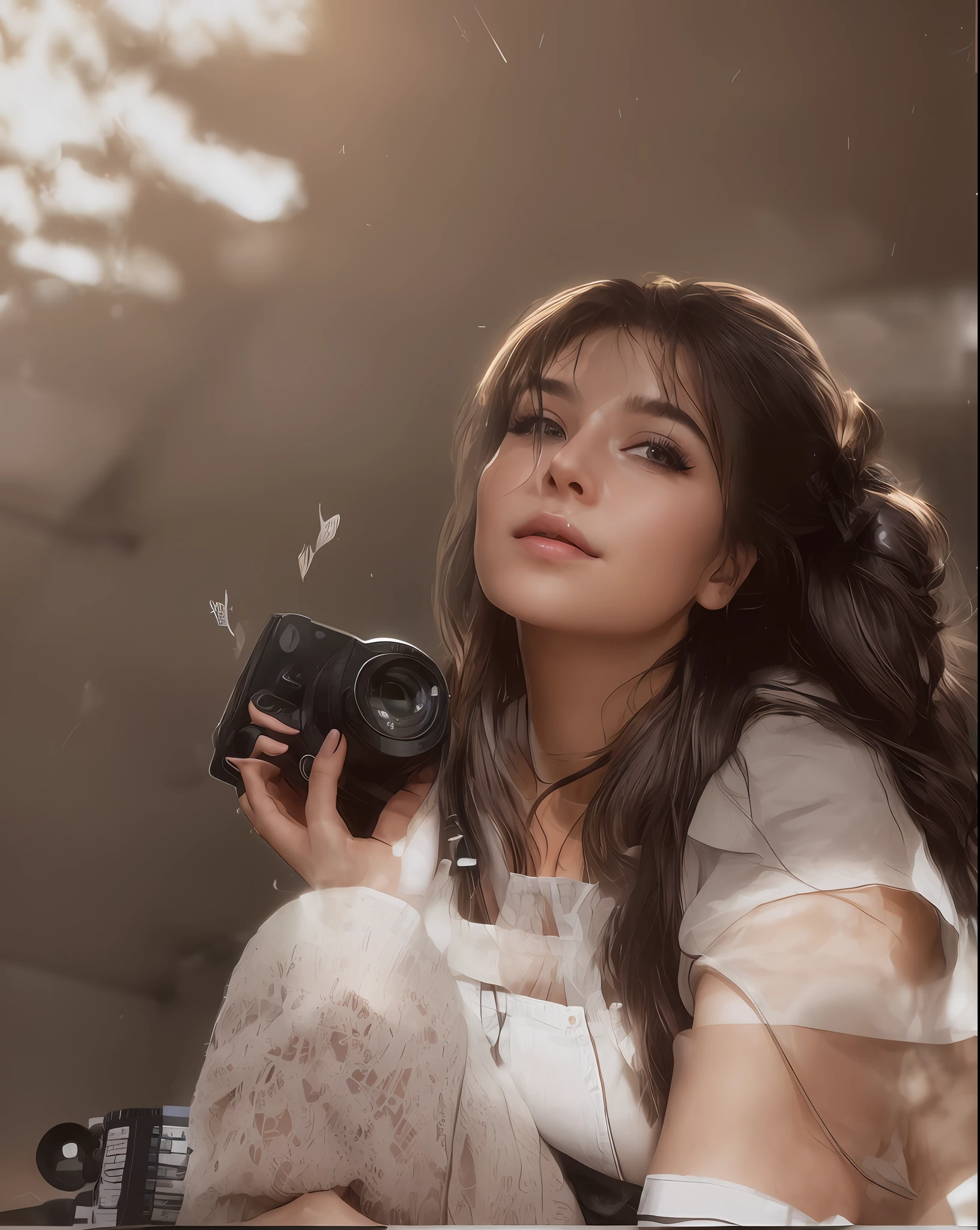 A stunning woman with messy hair, flirty, sits in a classroom, artwork on the blackboard, short black skirt, unbuttoned white blouse, messy bun, camera above, voyeuristic, intimate, soft light, warm glow on her face and body, computer, focused, skin and hair, soothing, high-detail skin, hdr, partially exposed