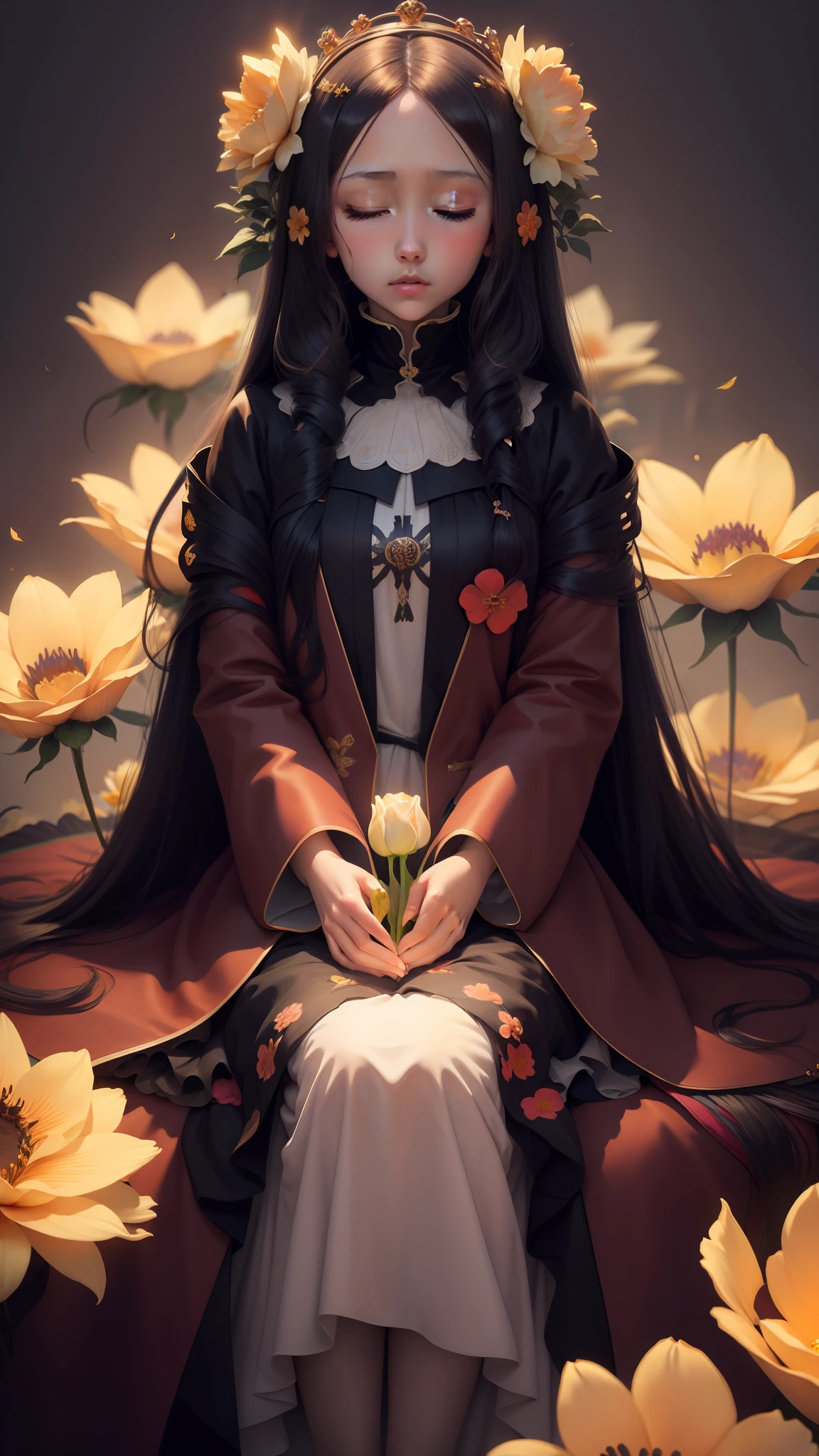 masterpiece, best quality,1girl, long hair, (glowing:1.15), (team:1.1), (flowers:1.15), (monarch:1.05), sleepy, Long coat