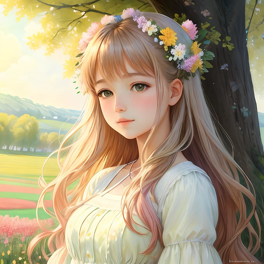 One image depicts a beautiful girl in a natural setting, surrounded by a field of colorful flowers. The luminosity is soft, with the golden sun's rays filtering through the trees, creating a soft glow on your face. The girl has long, loose hair, and her expressive eyes convey calm and serenity. She is wearing an elegant dress, with soft colors and delicate floral patterns. The image has a realistic style with an impressionistic touch, reminiscent of the paintings of artists such as Monet and Renoir. In the background, there is a gentle countryside, with green hills and a clear blue sky. The combination of soft colours, charming luminosity and delicate details conveys a sense of beauty and tranquility
